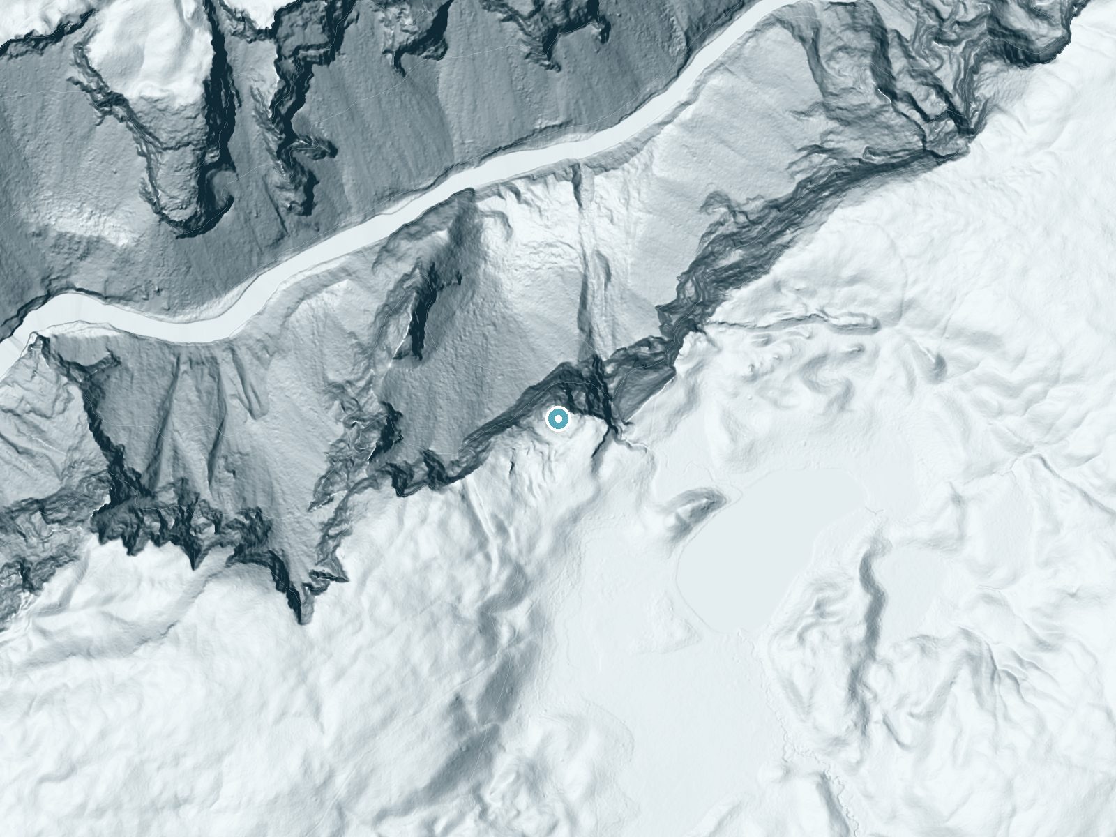 LiDAR bare-earth terrain around Silver Cord Cascade near Mammoth, Wyoming, showing about 629 feet of drop, a single sheer drop, facing north