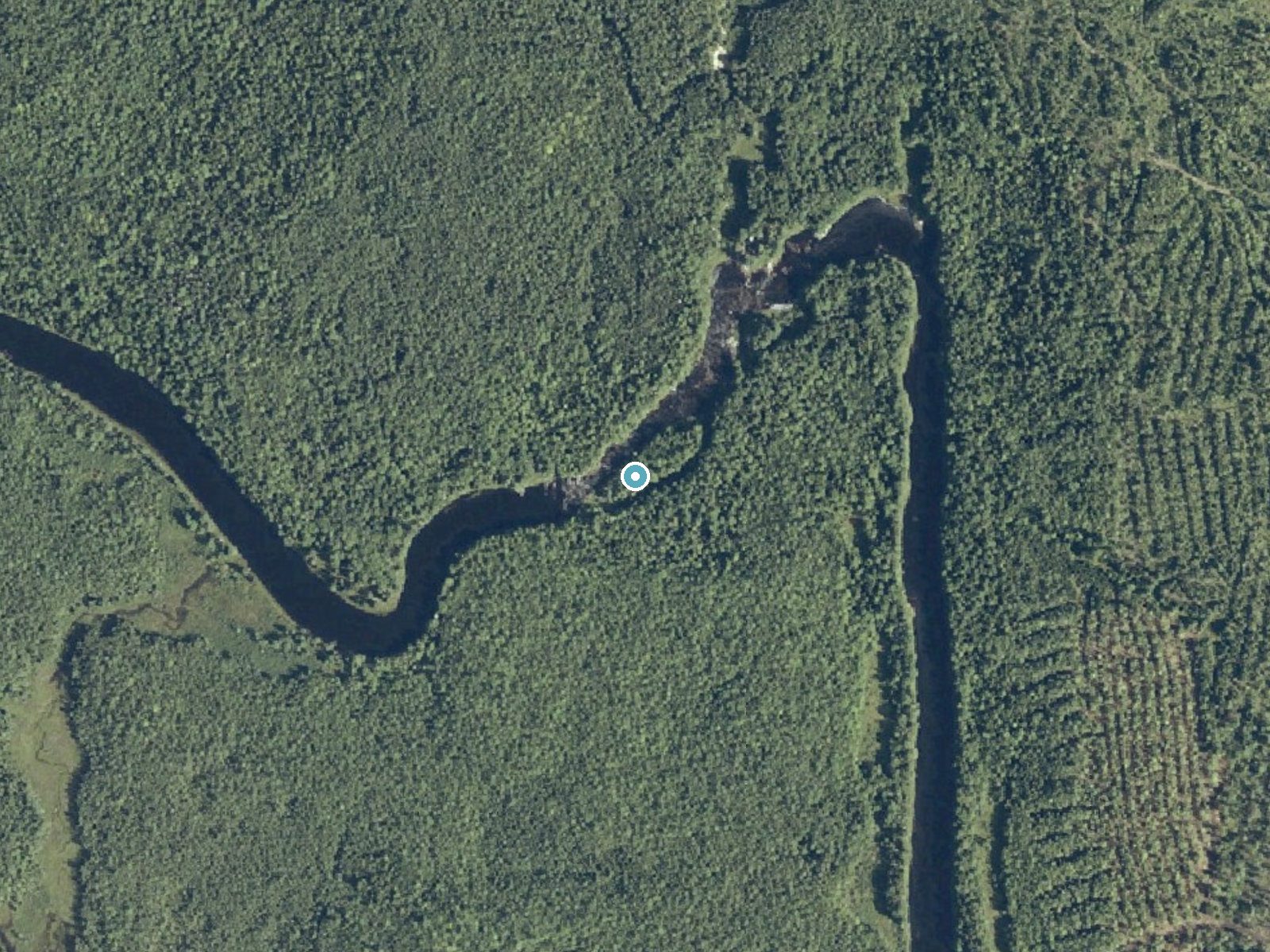 Aerial photo of the same ground around Great Falls near Jonesport, Maine, for comparison with the lidar view