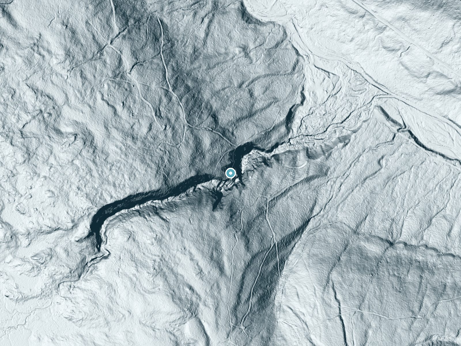 LiDAR bare-earth terrain around Angel Falls near Rangeley, Maine, showing about 301 feet of drop, a single sheer drop, facing east