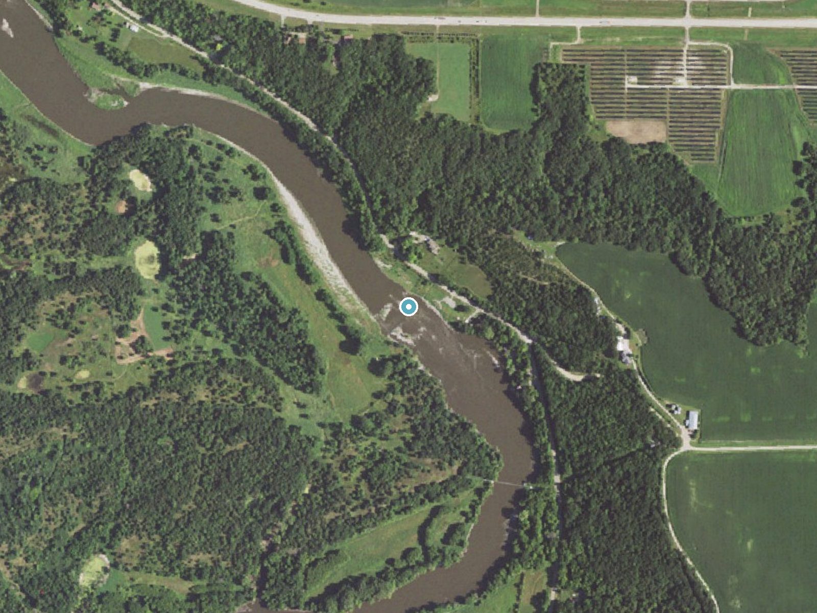 Aerial photo of the same ground around Minnesota Falls near Granite Falls, Minnesota, for comparison with the lidar view