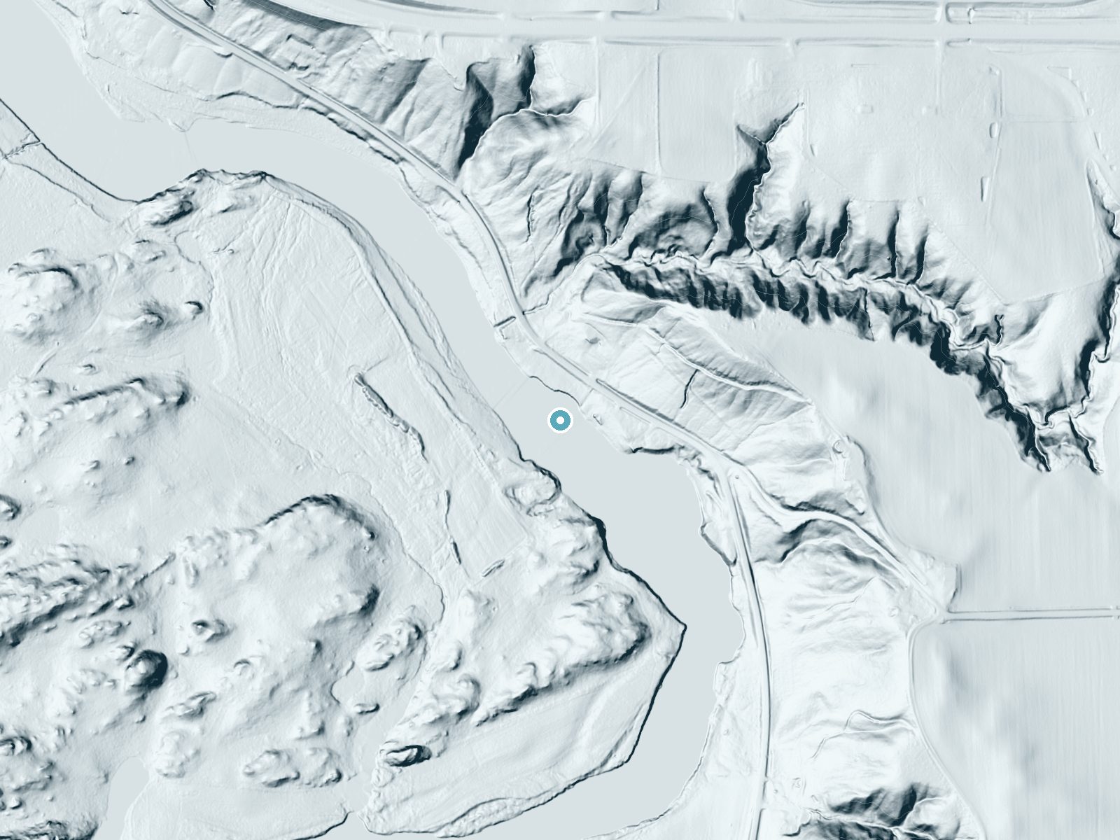 LiDAR bare-earth terrain around Minnesota Falls near Granite Falls, Minnesota, showing about 18 feet of drop, a long cascade, facing southwest