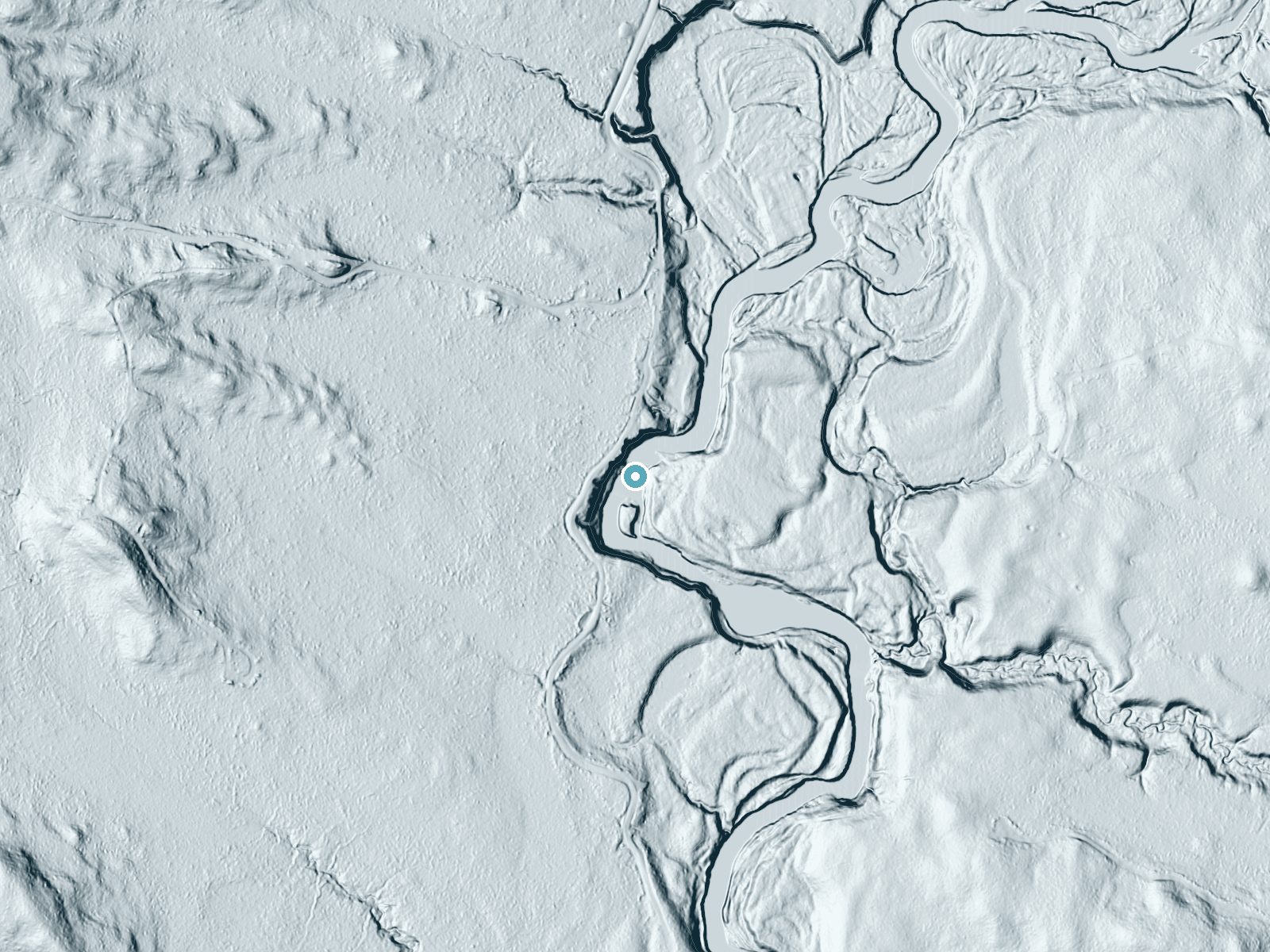 LiDAR bare-earth terrain around Hamilton Falls near Stanley, Wisconsin, showing about 32 feet of drop, a long cascade, facing southeast