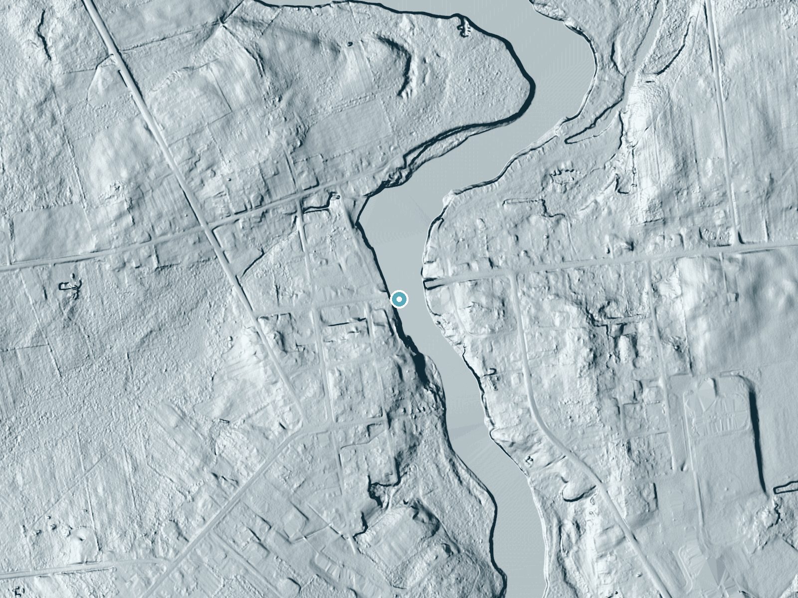 LiDAR bare-earth terrain around Brasher Falls near Brasher Falls, New York, showing about 36 feet of drop, a long cascade, facing northeast