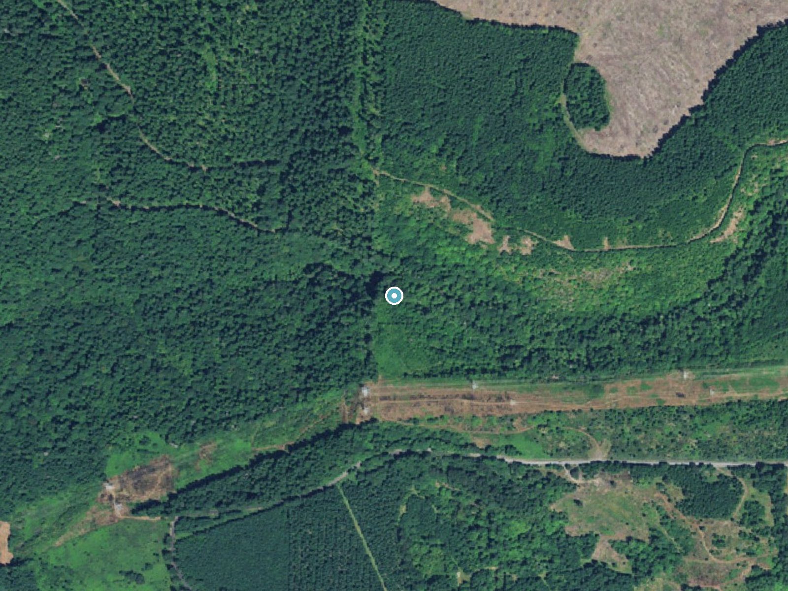 Aerial photo of the same ground around Stasel Falls near Lyons, Oregon, for comparison with the lidar view