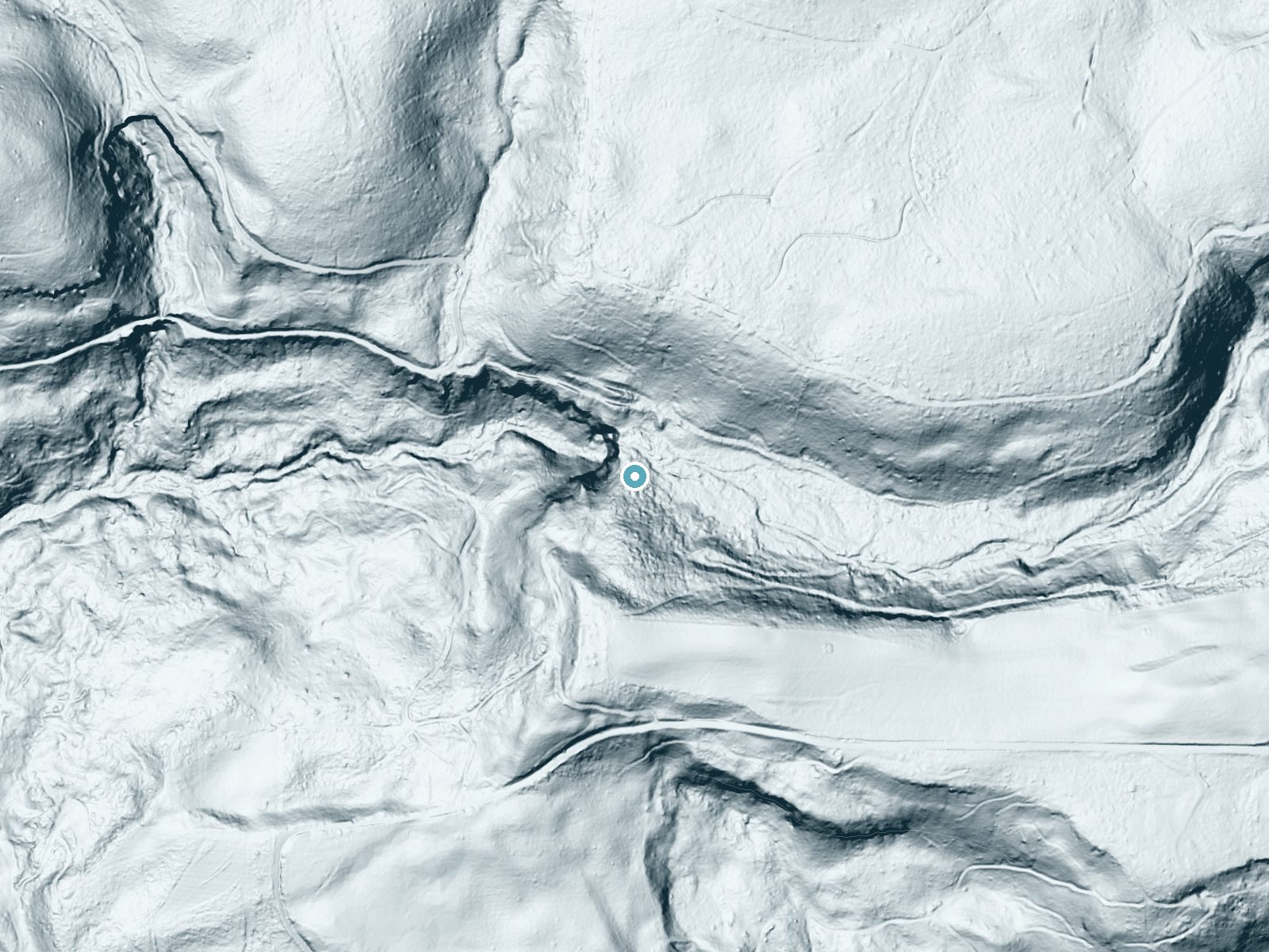 LiDAR bare-earth terrain around Stasel Falls near Lyons, Oregon, showing about 239 feet of drop, a single sheer drop, facing northwest