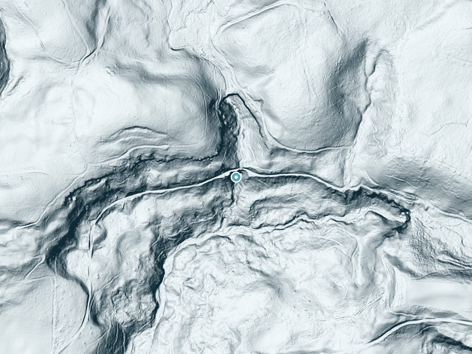 LiDAR bare-earth terrain around Lower Shellburg Falls near Lyons, Oregon, showing about 268 feet of drop, a steep tiered drop, facing south