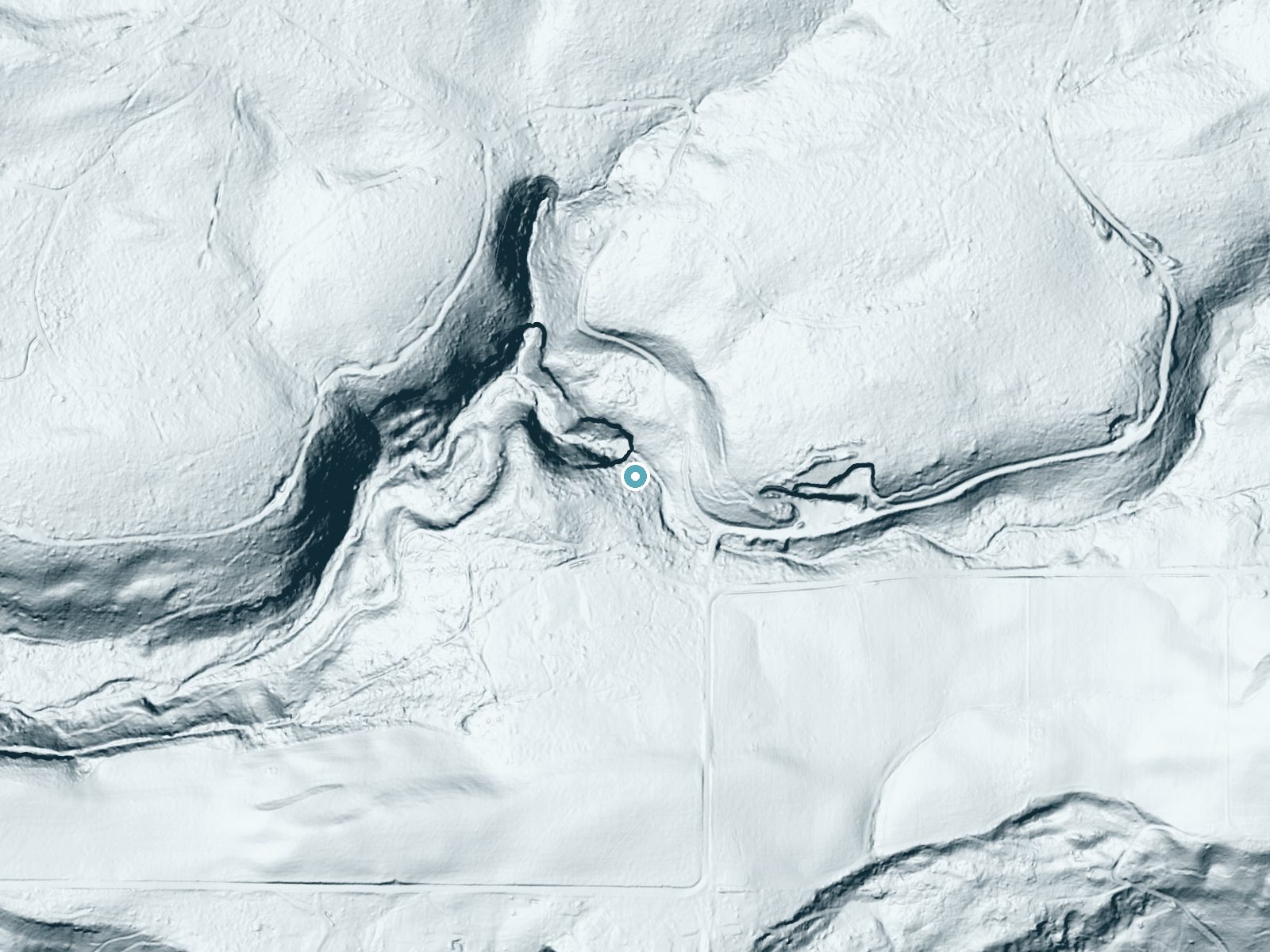 LiDAR bare-earth terrain around Horseshoe Falls near Lyons, Oregon, showing about 129 feet of drop, a steep tiered drop, facing northwest
