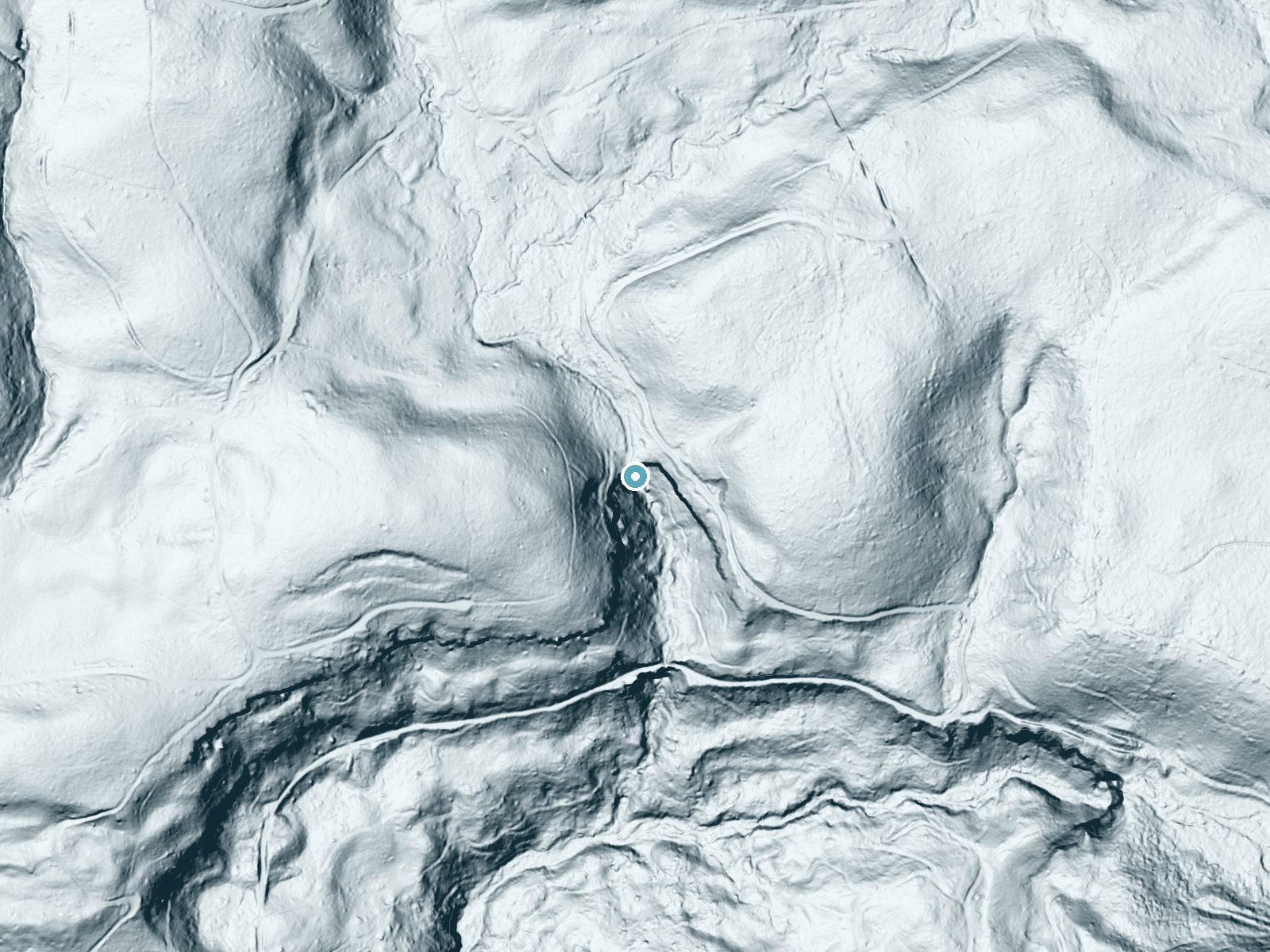 LiDAR bare-earth terrain around Shellburg Falls near Lyons, Oregon, showing about 216 feet of drop, a single sheer drop, facing southeast
