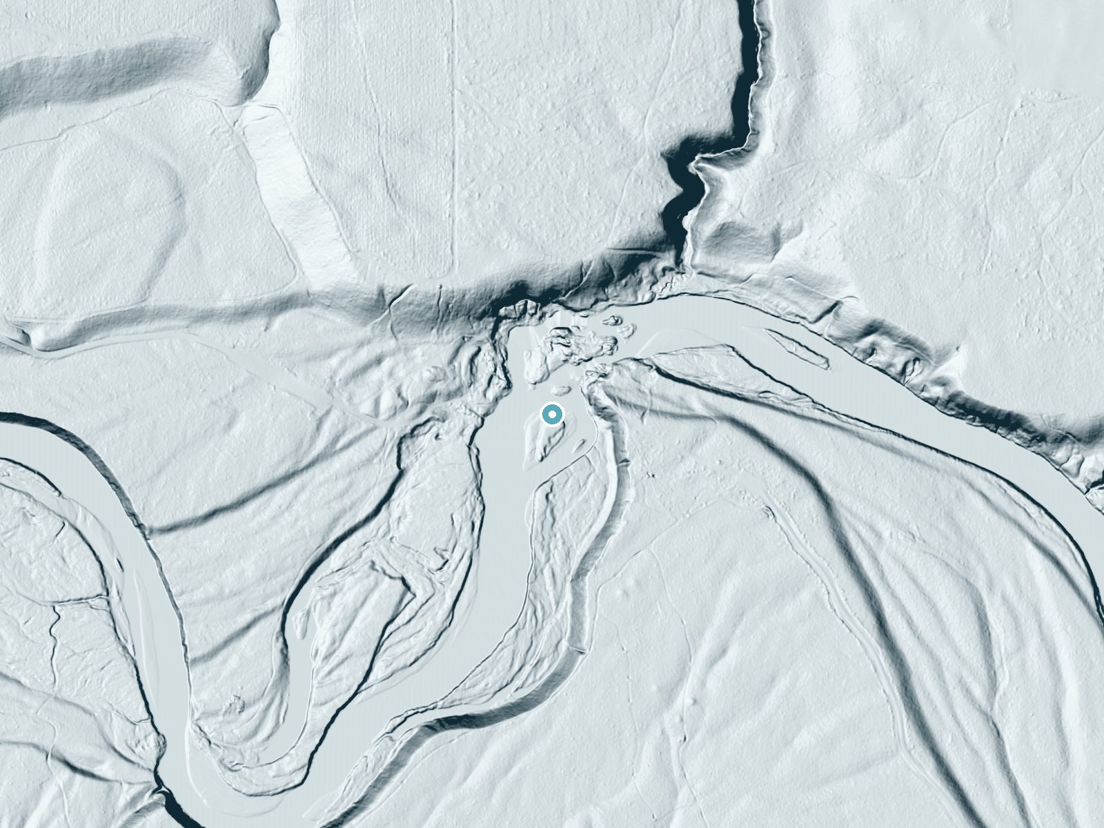 LiDAR bare-earth terrain around Big Falls near Fall Creek, Wisconsin, showing about 42 feet of drop, a steep tiered drop, facing southwest
