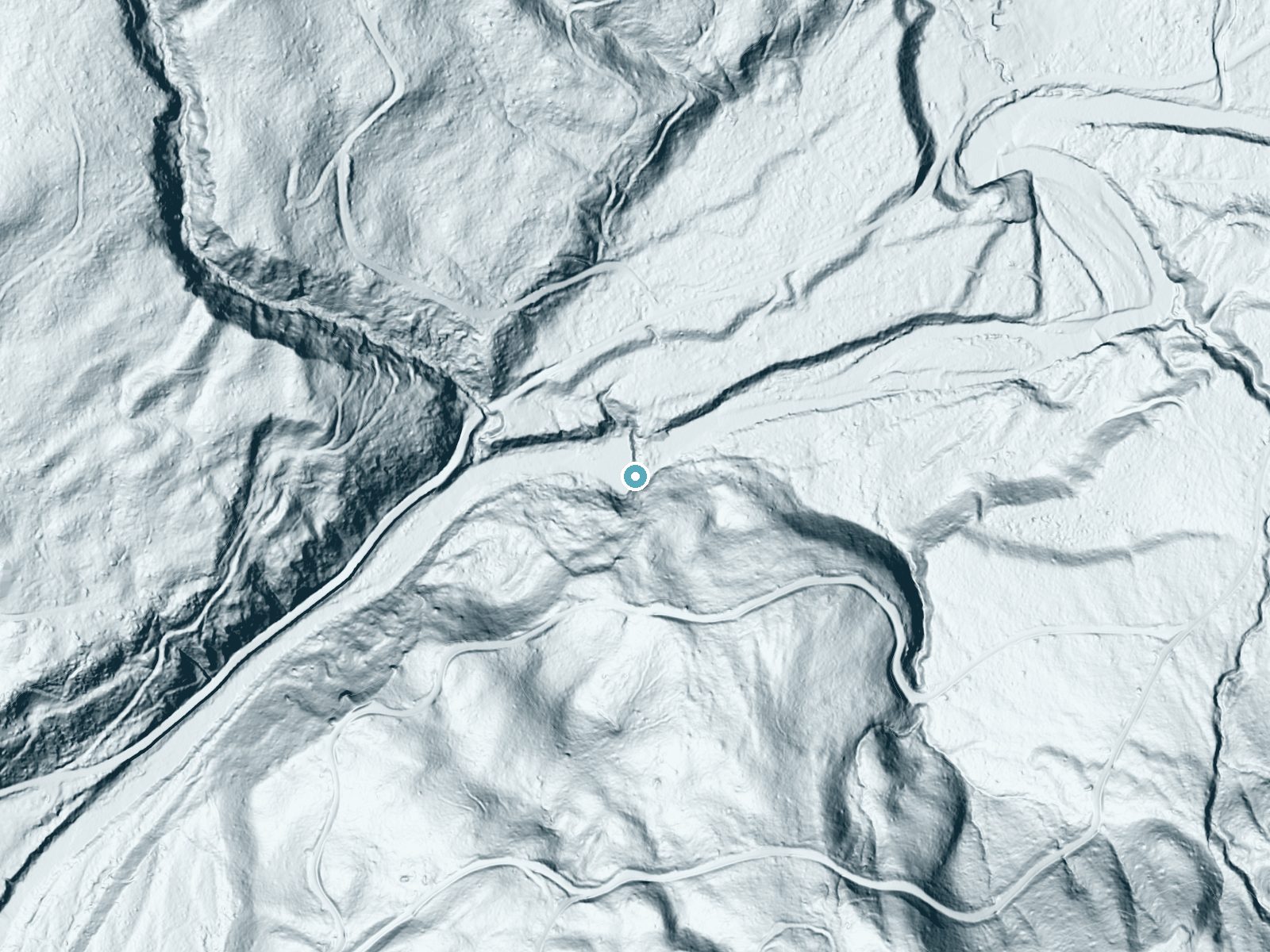 LiDAR bare-earth terrain around Salmon Falls near Gates, Oregon, showing about 129 feet of drop, a steep tiered drop, facing northwest