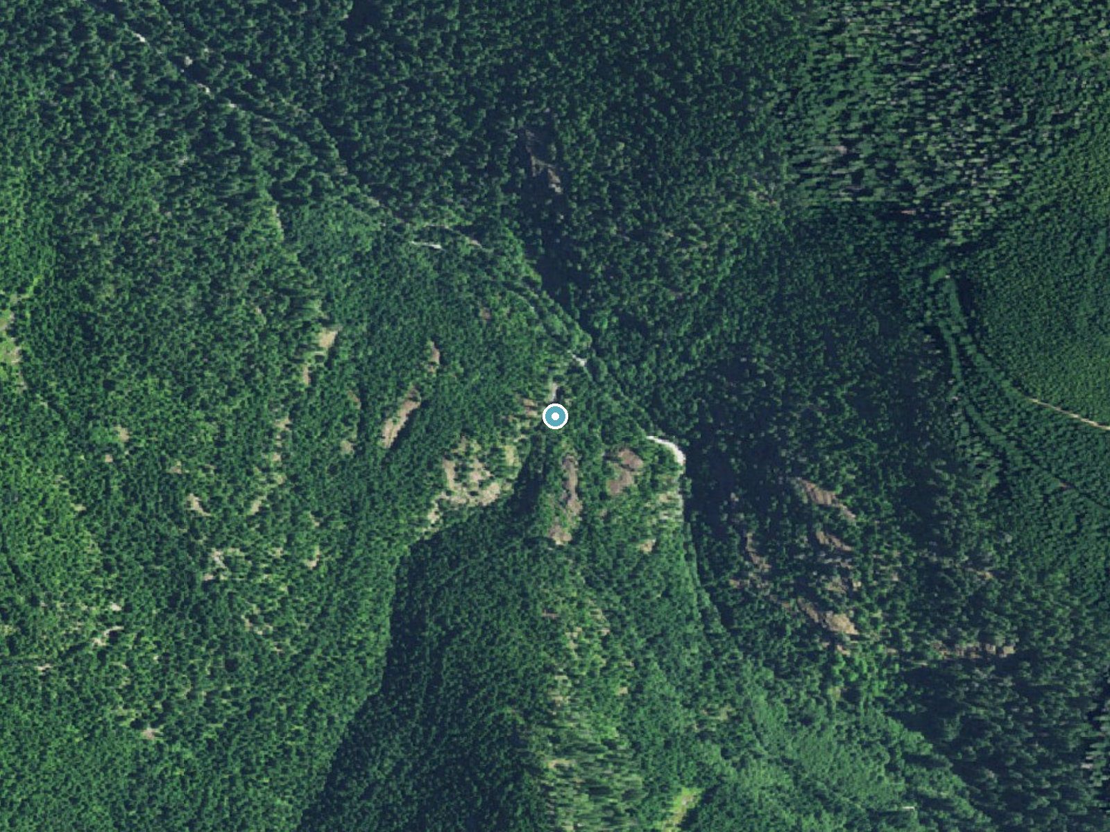 Aerial photo of the same ground around Sullivan Creek Falls near Detroit, Oregon, for comparison with the lidar view