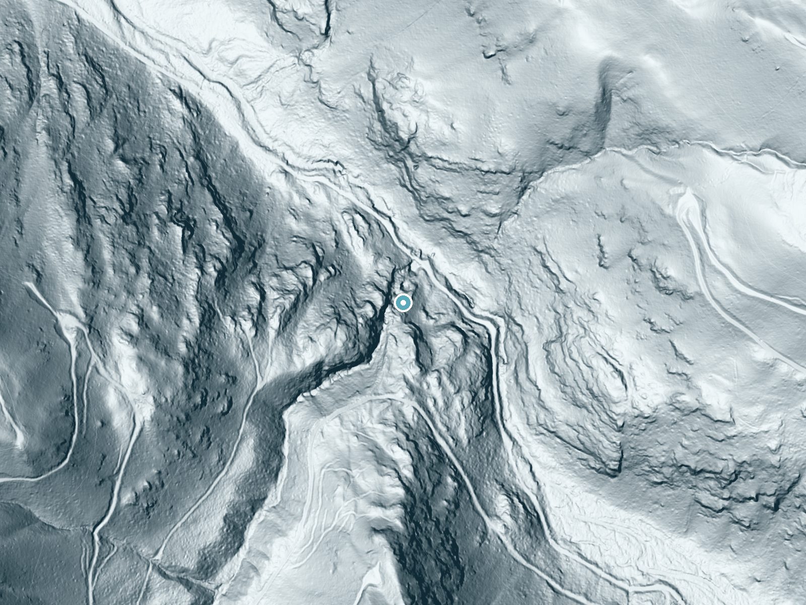 LiDAR bare-earth terrain around Sullivan Creek Falls near Detroit, Oregon, showing about 305 feet of drop, a steep tiered drop, facing northeast