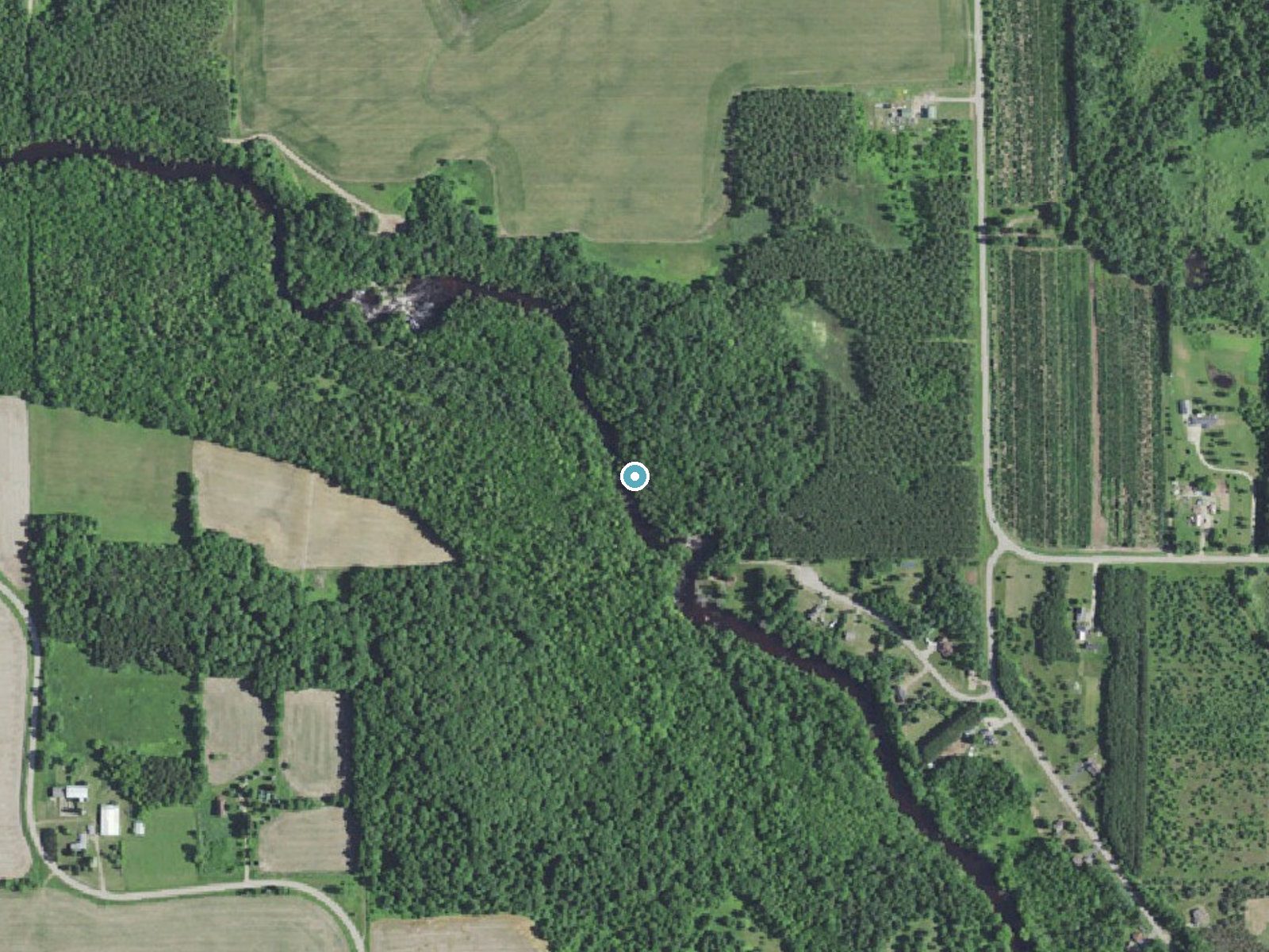 Aerial photo of the same ground around Little Bull Falls near Gresham, Wisconsin, for comparison with the lidar view