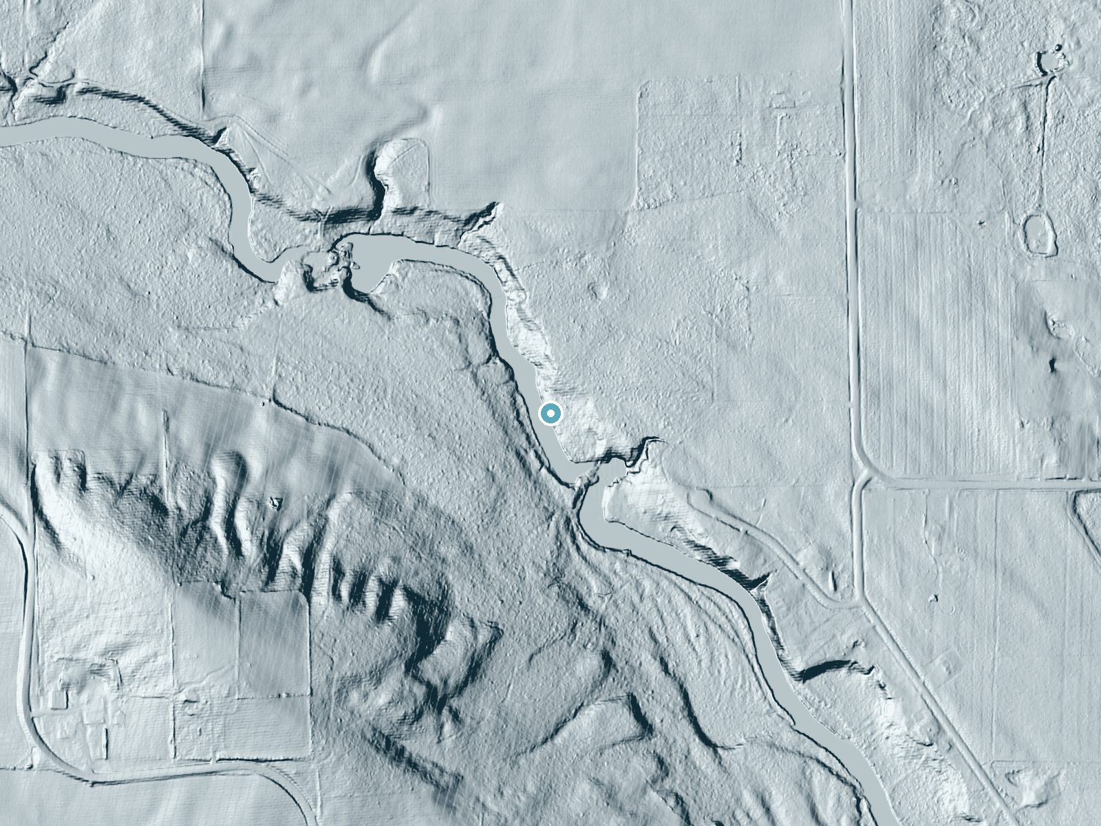 LiDAR bare-earth terrain around Little Bull Falls near Gresham, Wisconsin, showing about 29 feet of drop, a long cascade, facing southwest