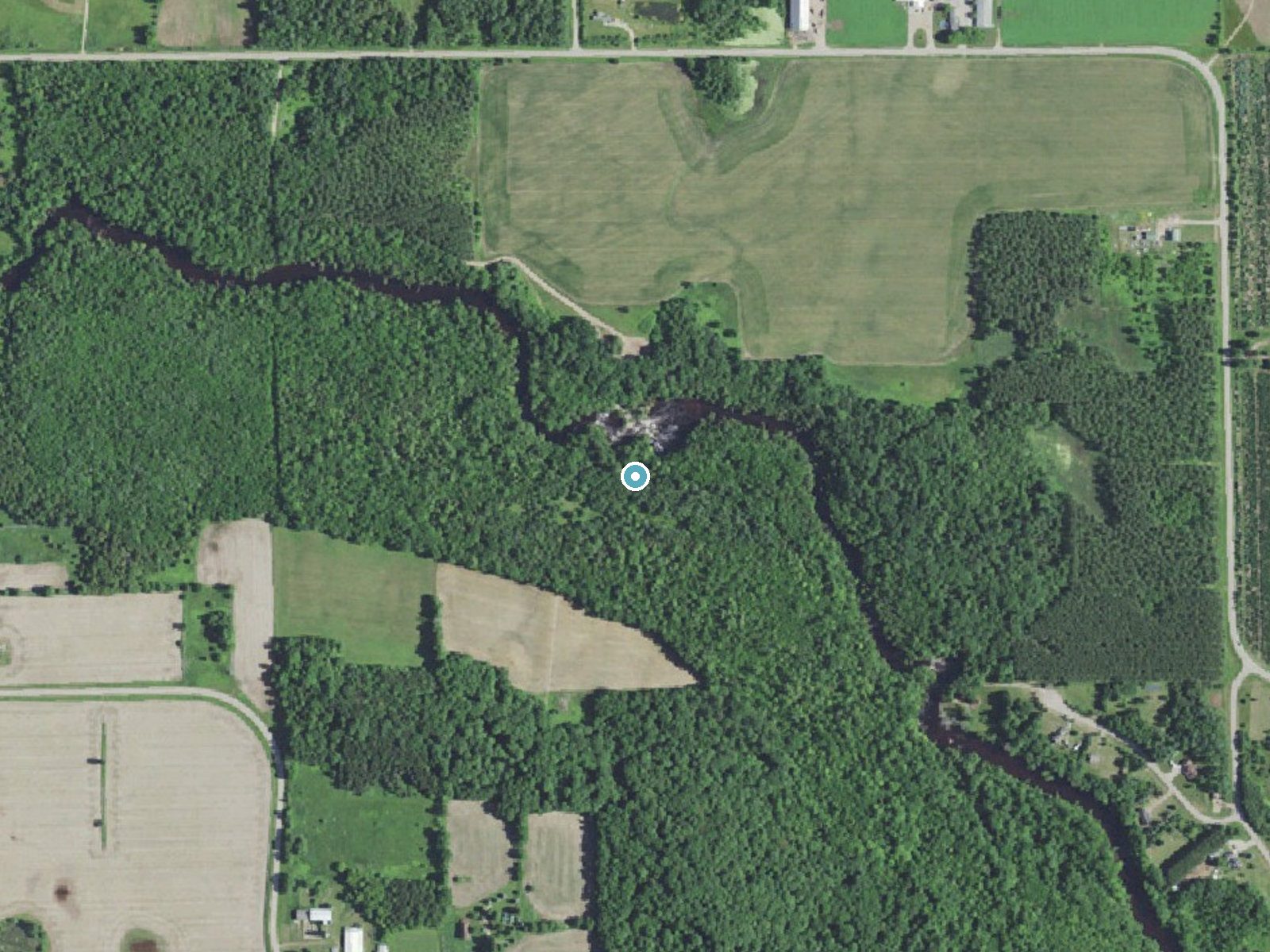Aerial photo of the same ground around Gilmer Falls near Gresham, Wisconsin, for comparison with the lidar view