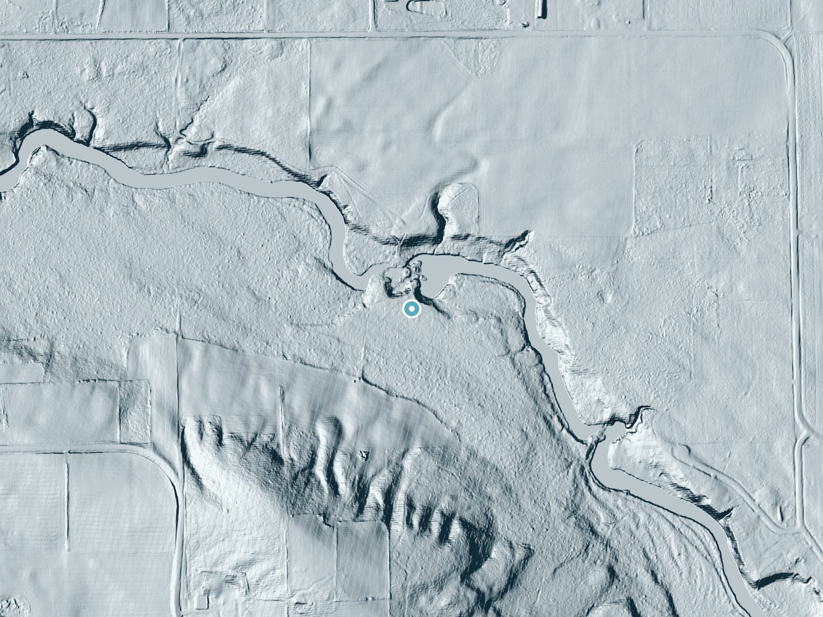 LiDAR bare-earth terrain around Gilmer Falls near Gresham, Wisconsin, showing about 21 feet of drop, a long cascade, facing northeast