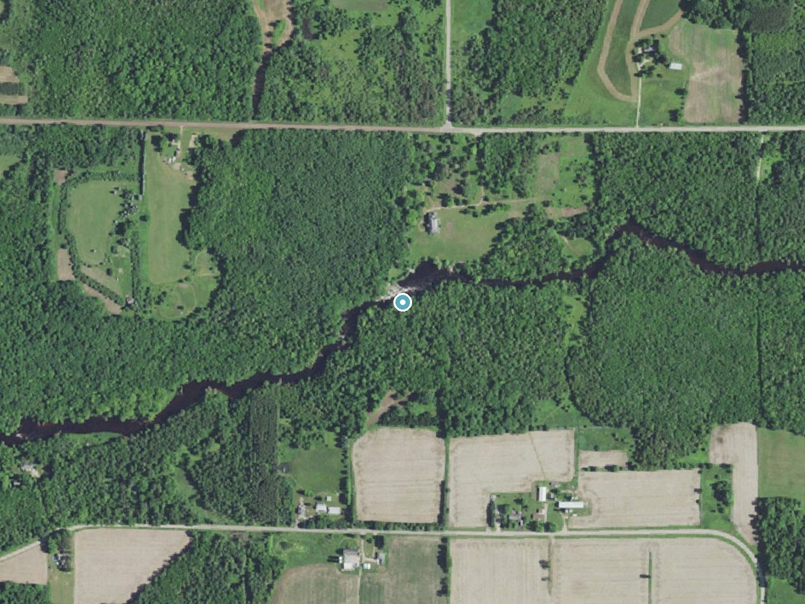 Aerial photo of the same ground around Freeman Falls near Gresham, Wisconsin, for comparison with the lidar view
