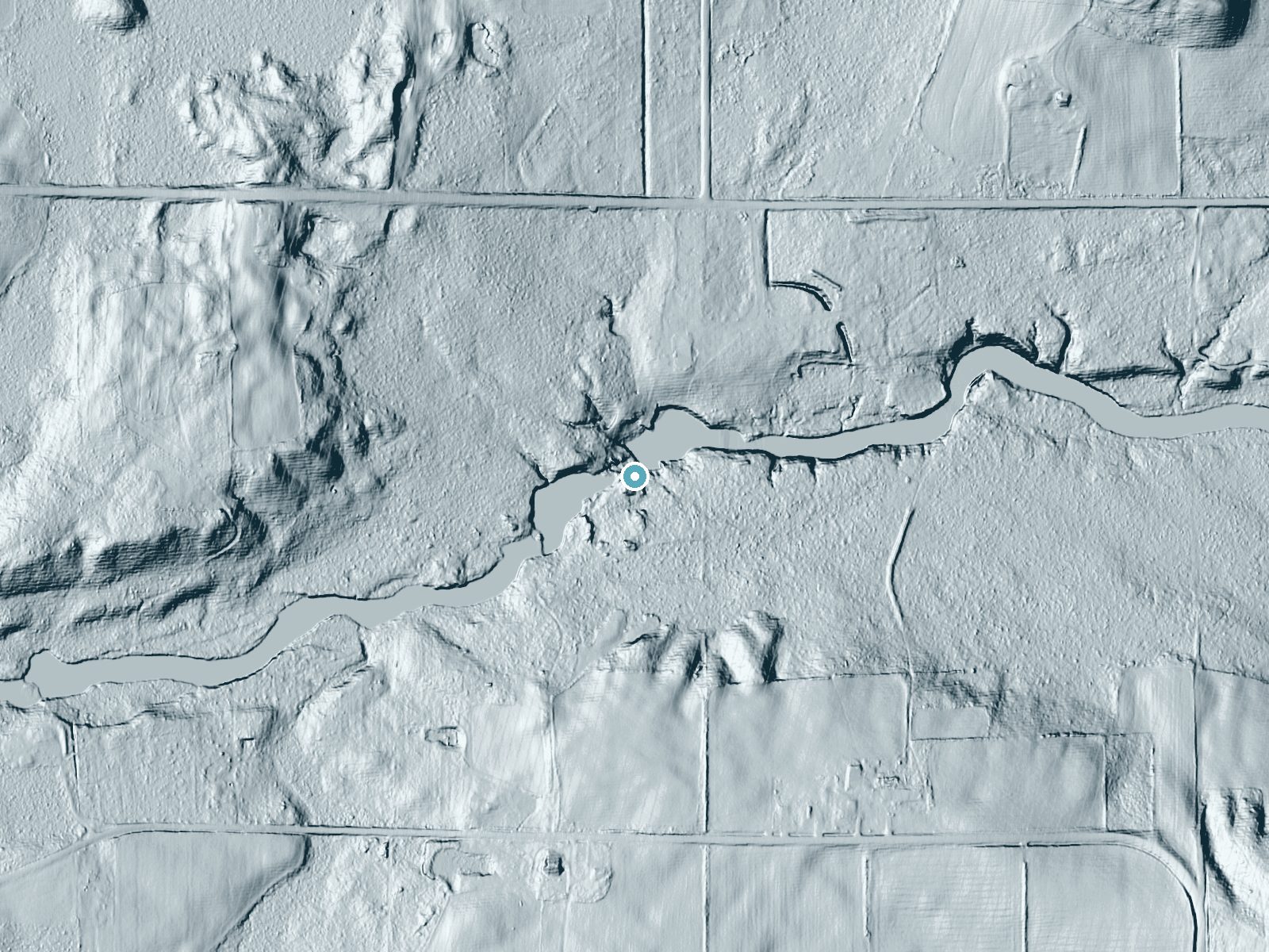 LiDAR bare-earth terrain around Freeman Falls near Gresham, Wisconsin, showing about 24 feet of drop, a long cascade, facing northeast