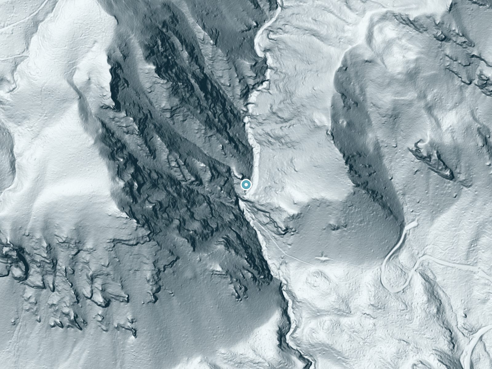 LiDAR bare-earth terrain around Henline Falls near Gates, Oregon, showing about 303 feet of drop, a single sheer drop, facing south