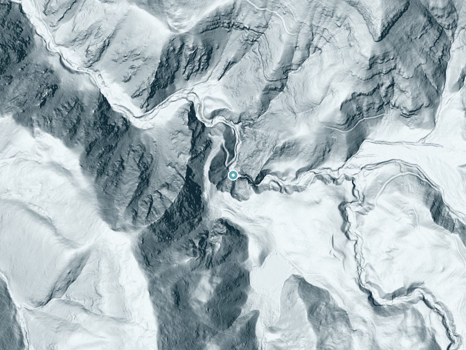 LiDAR bare-earth terrain around Wildhorse Falls near Halfway, Idaho, showing about 252 feet of drop, a steep tiered drop, facing north
