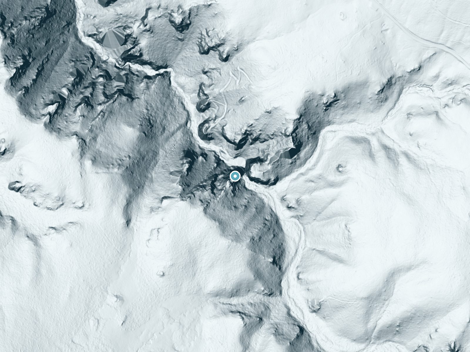 LiDAR bare-earth terrain around Porcupine Falls near Lovell, Wyoming, showing about 318 feet of drop, a single sheer drop, facing north