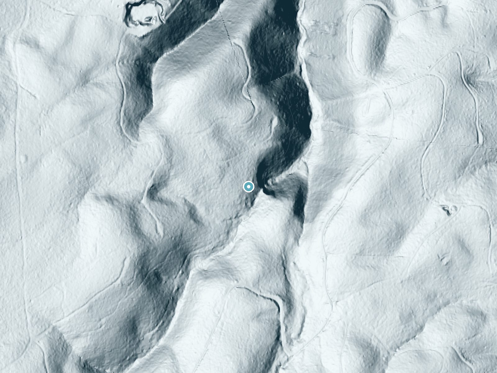 LiDAR bare-earth terrain around Berry Creek Falls near Falls City, Oregon, showing about 212 feet of drop, a steep tiered drop, facing east