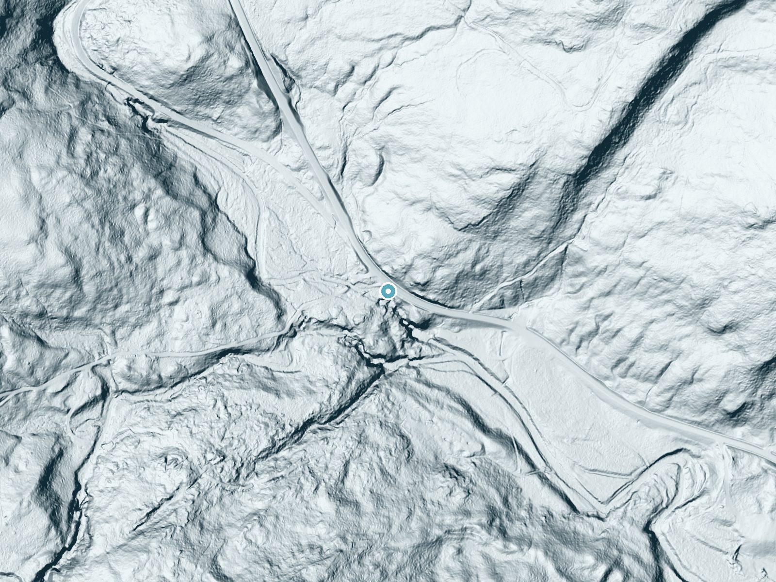 LiDAR bare-earth terrain around Smalls Falls near Rangeley, Maine, showing about 120 feet of drop, a steep tiered drop, facing south