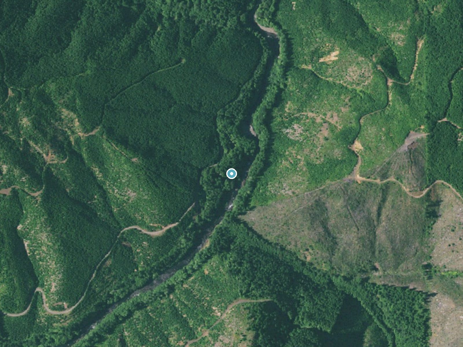 Aerial photo of the same ground around Valsetz Falls near Falls City, Oregon, for comparison with the lidar view