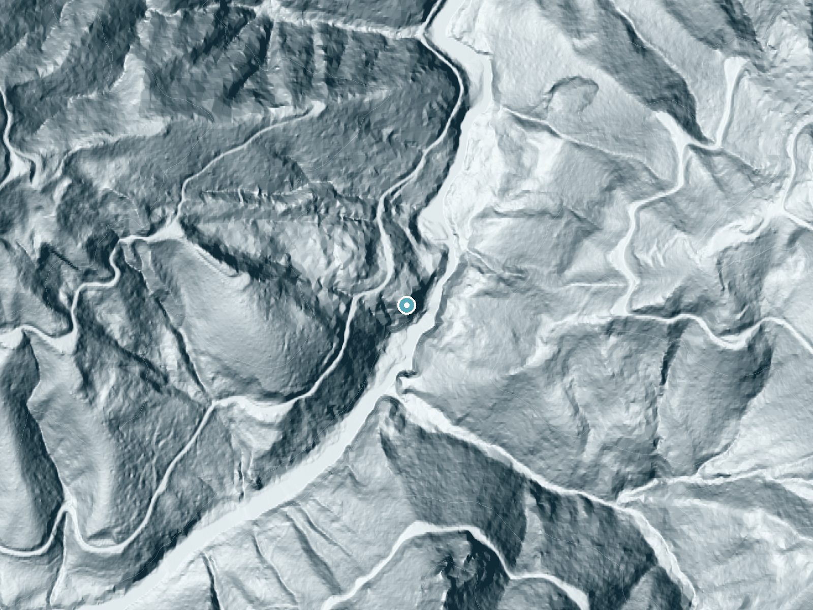LiDAR bare-earth terrain around Valsetz Falls near Falls City, Oregon, showing about 203 feet of drop, a steep tiered drop, facing southeast