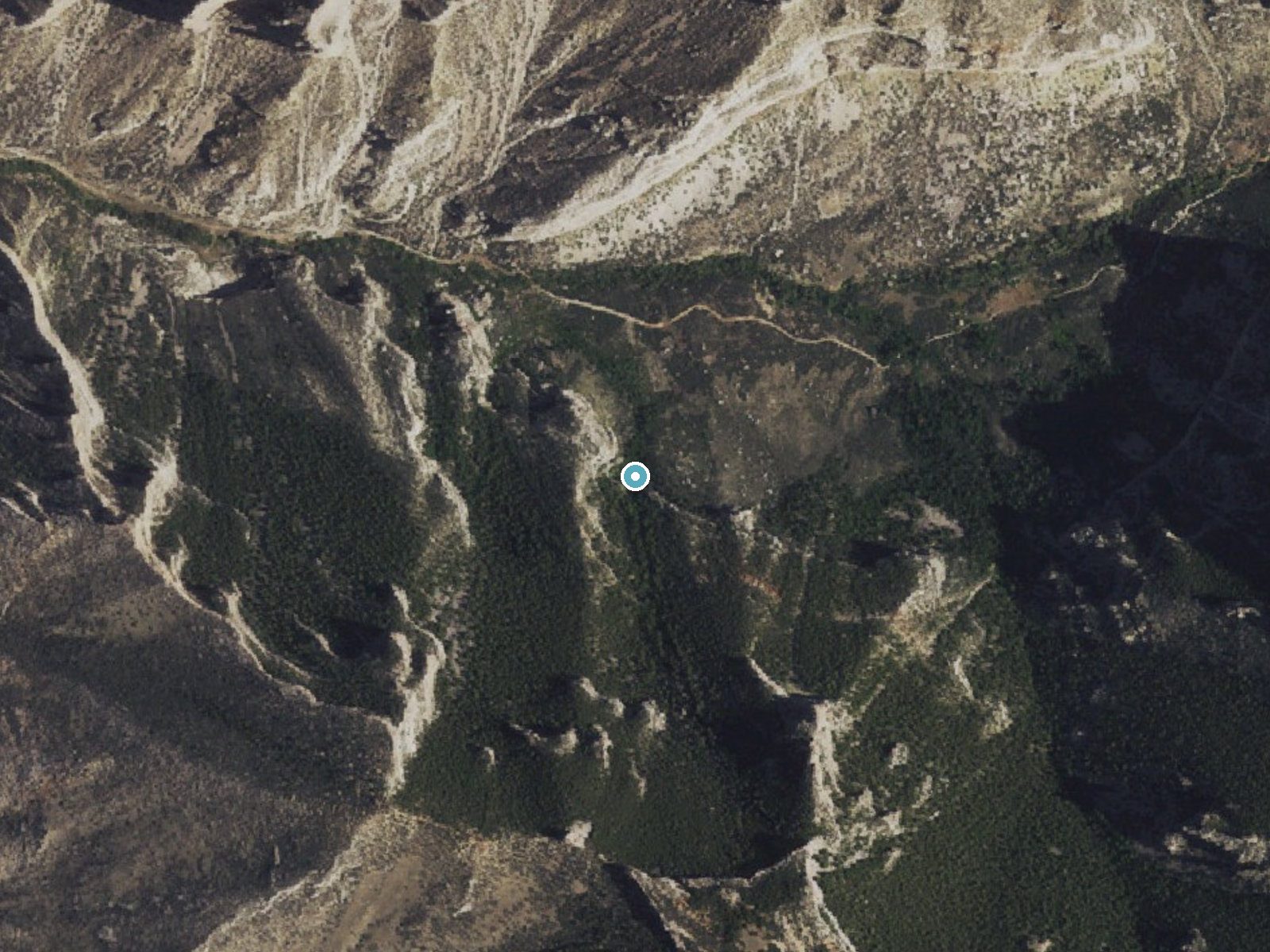 Aerial photo of the same ground around Melody Falls near Lovell, Wyoming, for comparison with the lidar view