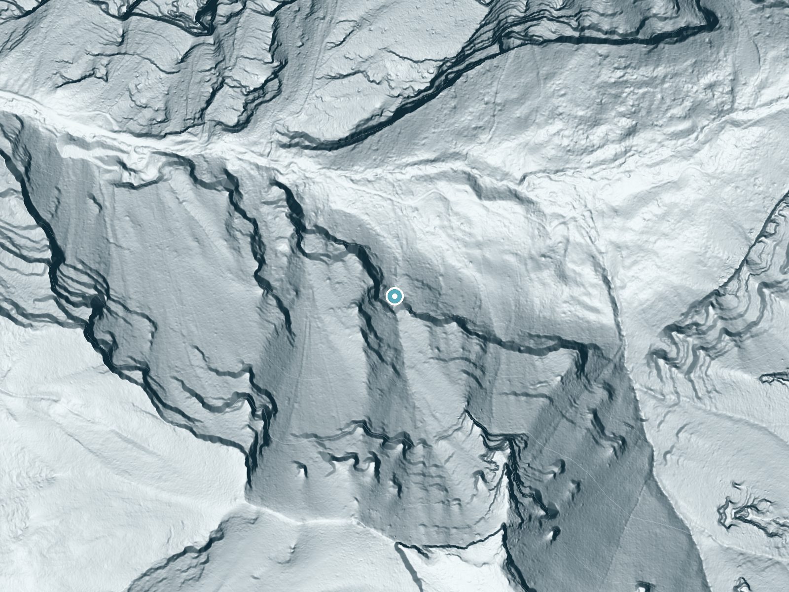 LiDAR bare-earth terrain around Melody Falls near Lovell, Wyoming, showing about 438 feet of drop, a steep tiered drop, facing north