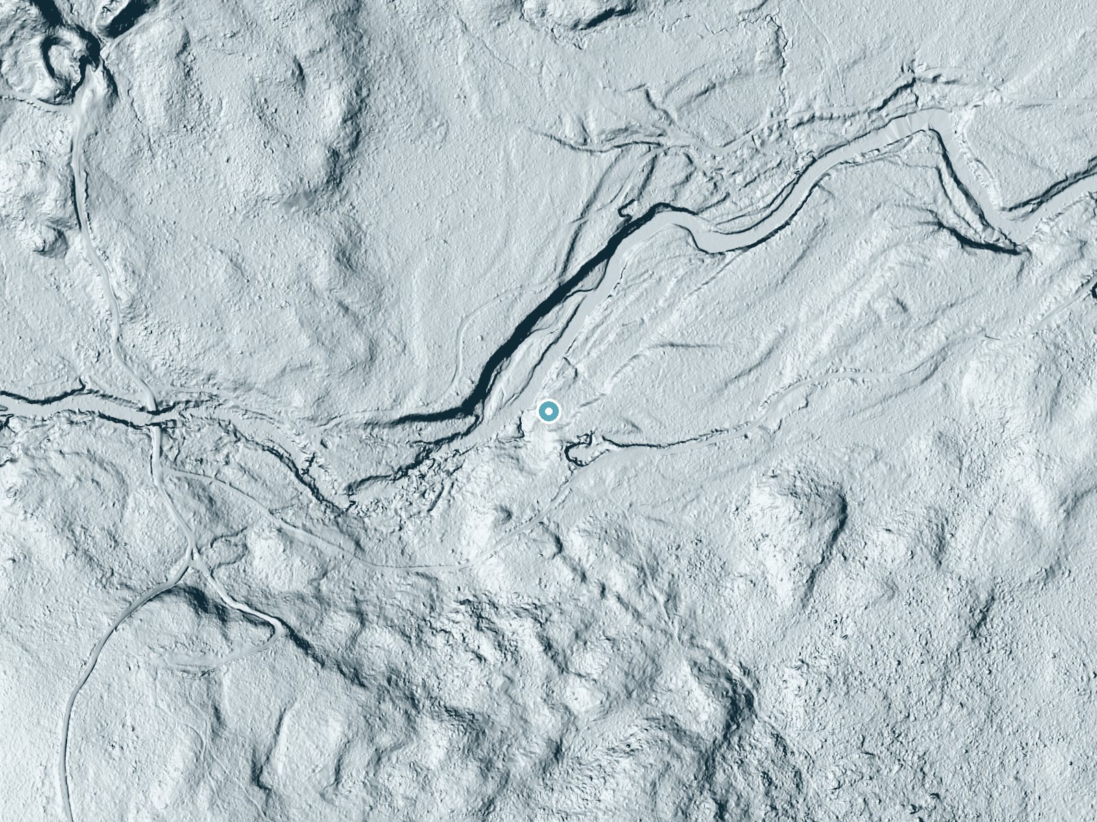 LiDAR bare-earth terrain around Ellingwood Falls near Beecher Falls, New Hampshire, showing about 33 feet of drop, a long cascade, facing northwest