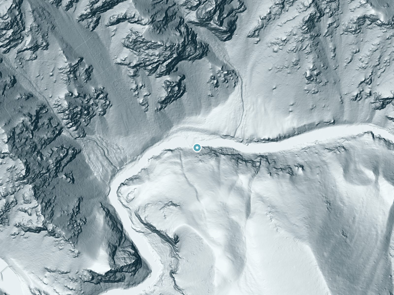 LiDAR bare-earth terrain around Tappan Falls near Yellow Pine, Idaho, showing about 193 feet of drop, a steep tiered drop, facing north