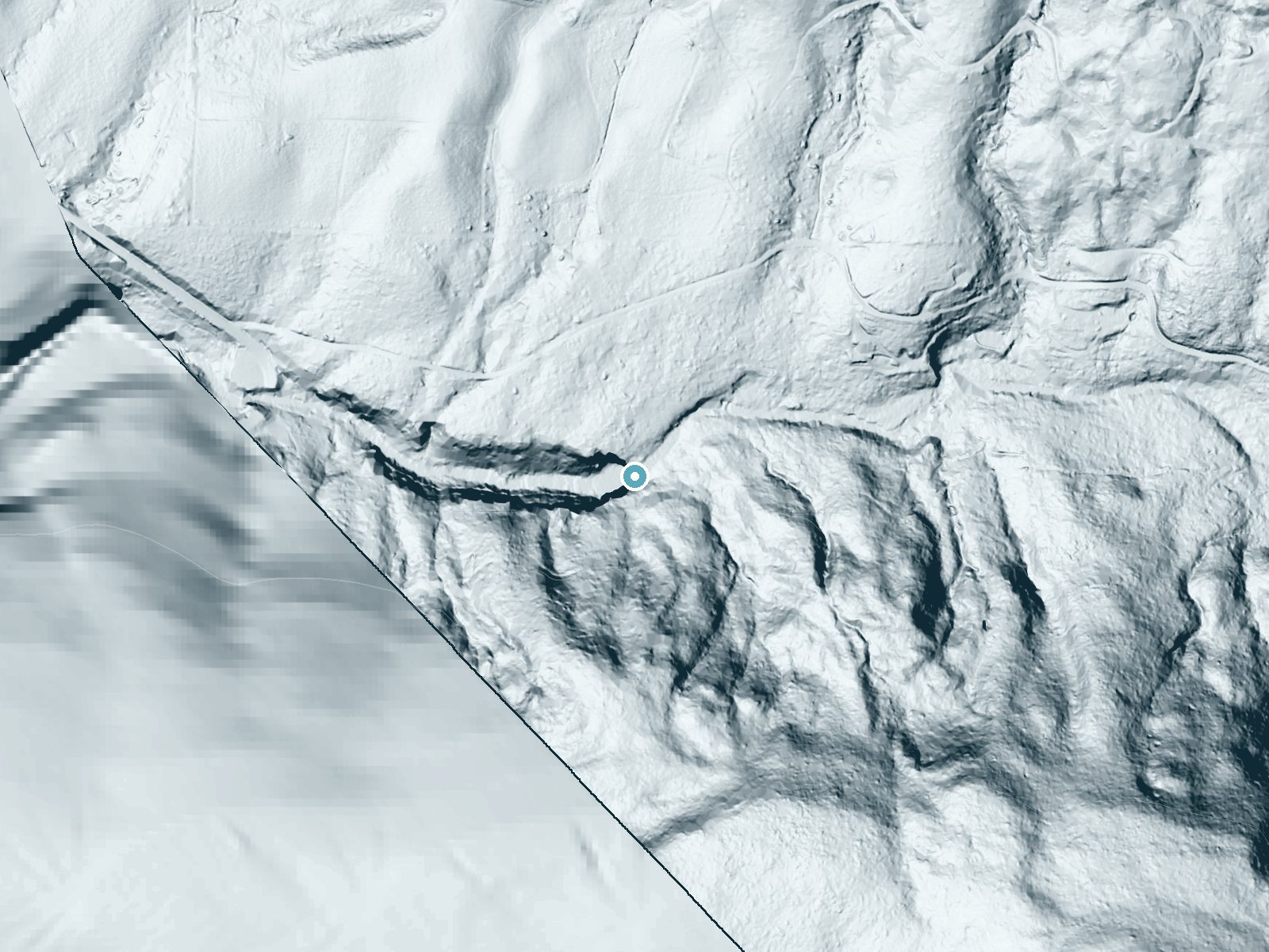 LiDAR bare-earth terrain around Upper North Falls near Mehama, Oregon, showing about 123 feet of drop, a steep tiered drop, facing northwest