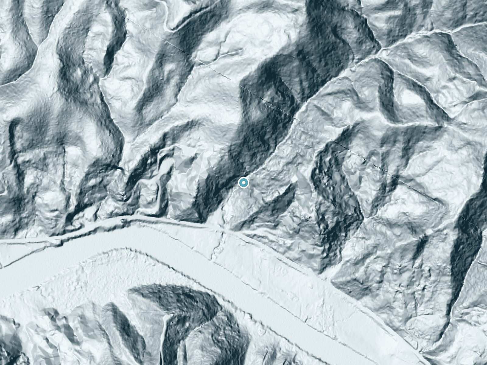 LiDAR bare-earth terrain around Echo Falls near Lincoln Beach, Oregon, showing about 238 feet of drop, a steep tiered drop, facing southwest