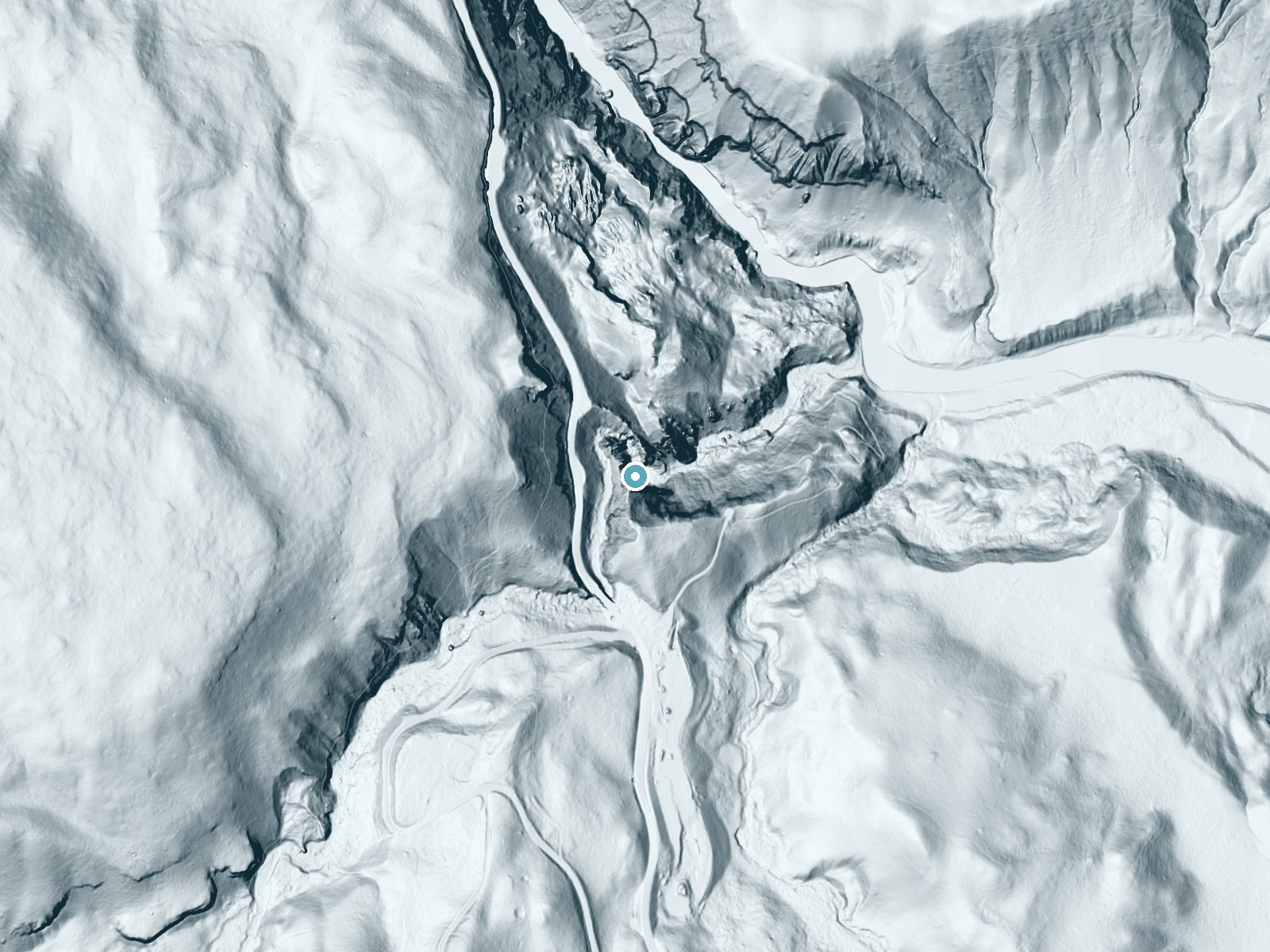 LiDAR bare-earth terrain around Tower Fall near Mammoth, Wyoming, showing about 290 feet of drop, a single sheer drop, facing northeast