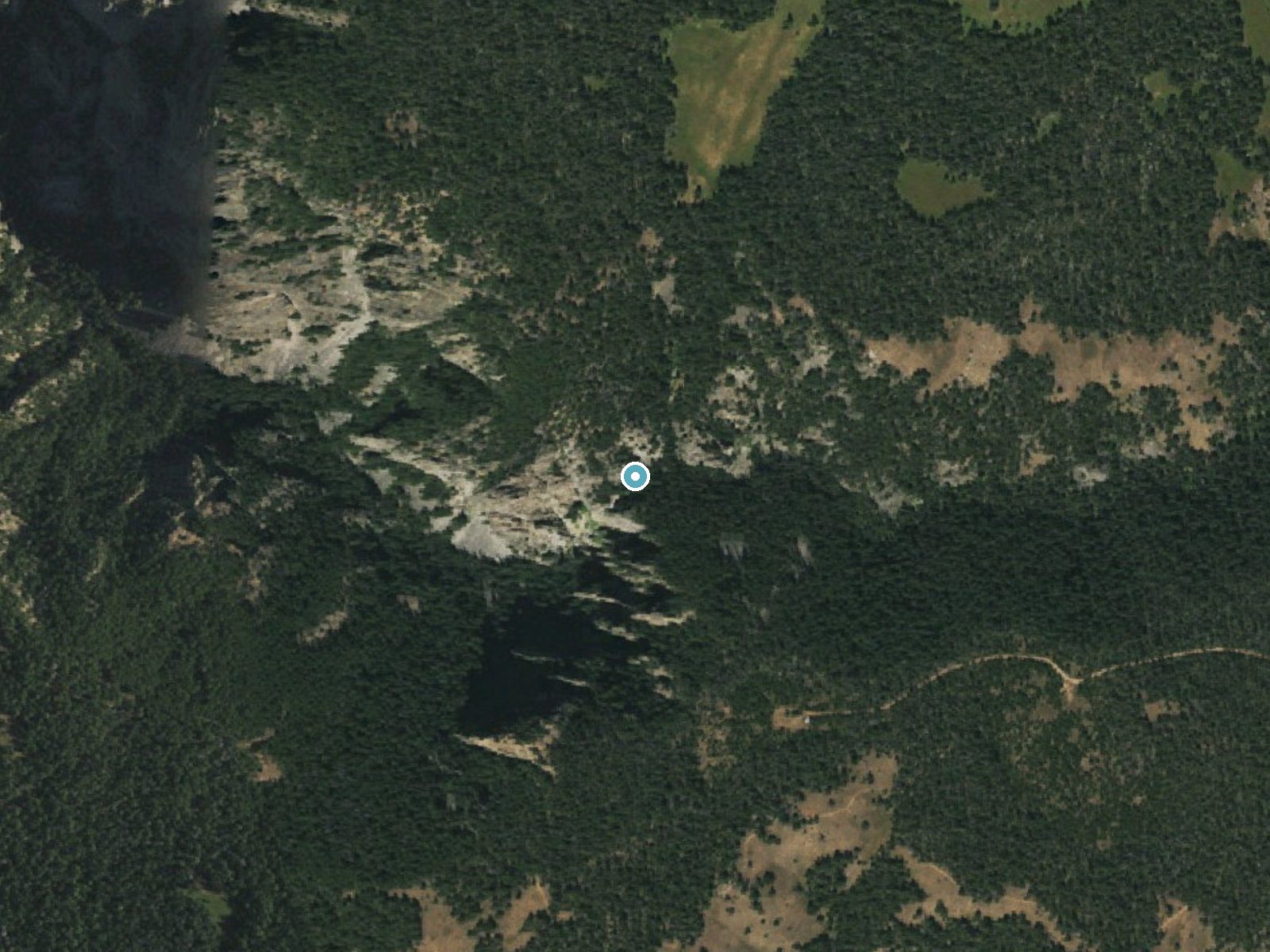 Aerial photo of the same ground around Bucking Mule Falls near Fort Smith, Wyoming, for comparison with the lidar view
