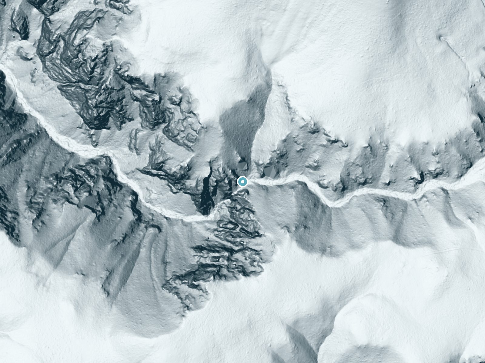 LiDAR bare-earth terrain around Bucking Mule Falls near Fort Smith, Wyoming, showing about 402 feet of drop, a steep tiered drop, facing south