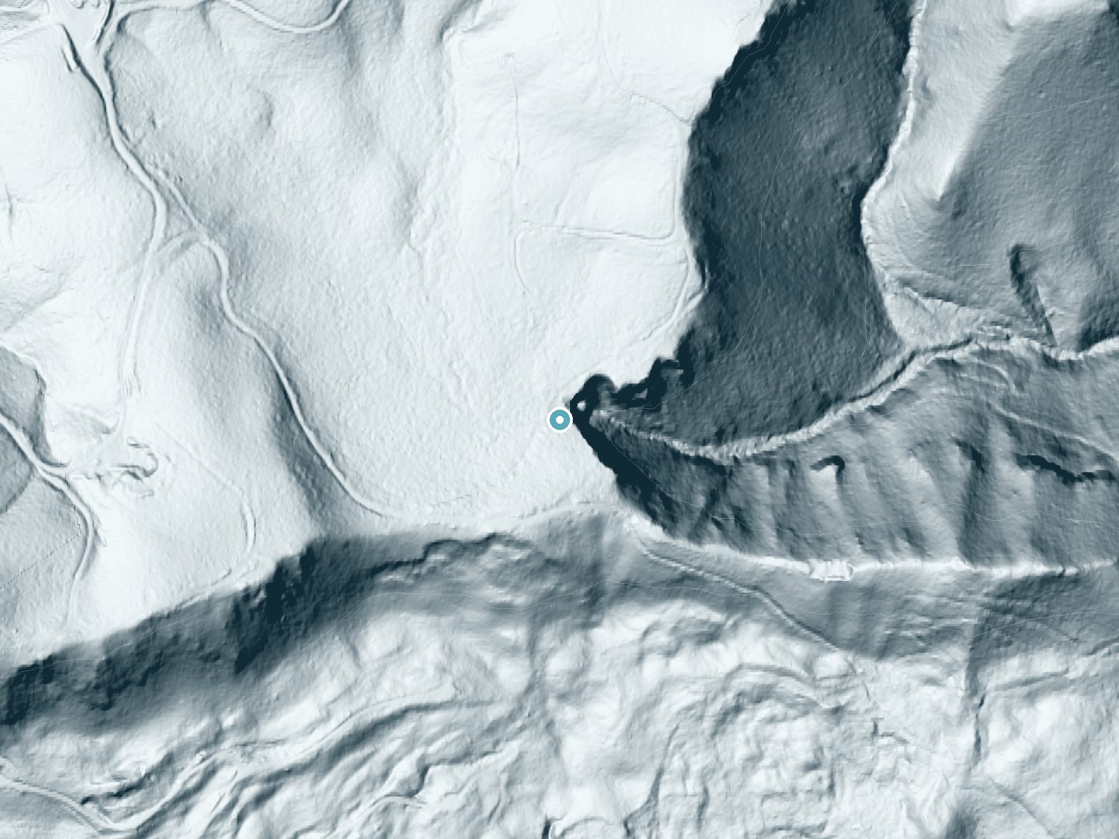 LiDAR bare-earth terrain around Silver Falls near Falls City, Oregon, showing about 220 feet of drop, a steep tiered drop, facing east