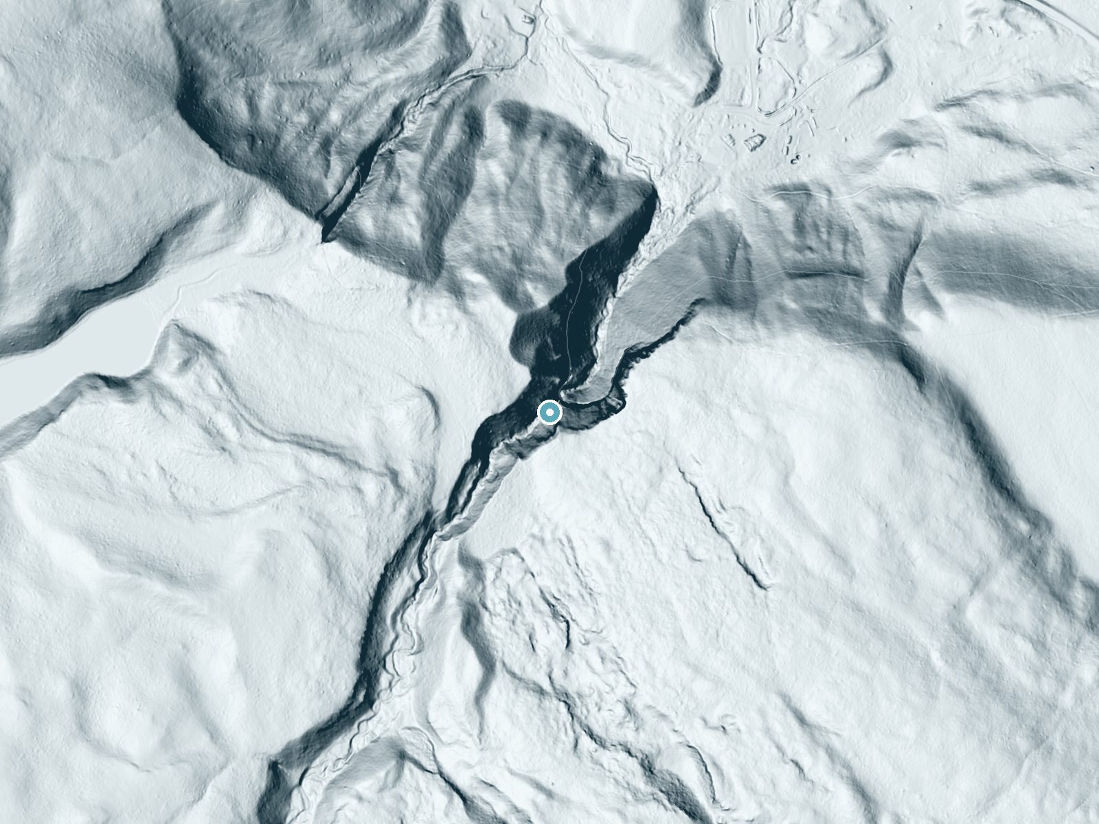 LiDAR bare-earth terrain around Lost Creek Falls near Mammoth, Wyoming, showing about 257 feet of drop, a steep tiered drop, facing northeast