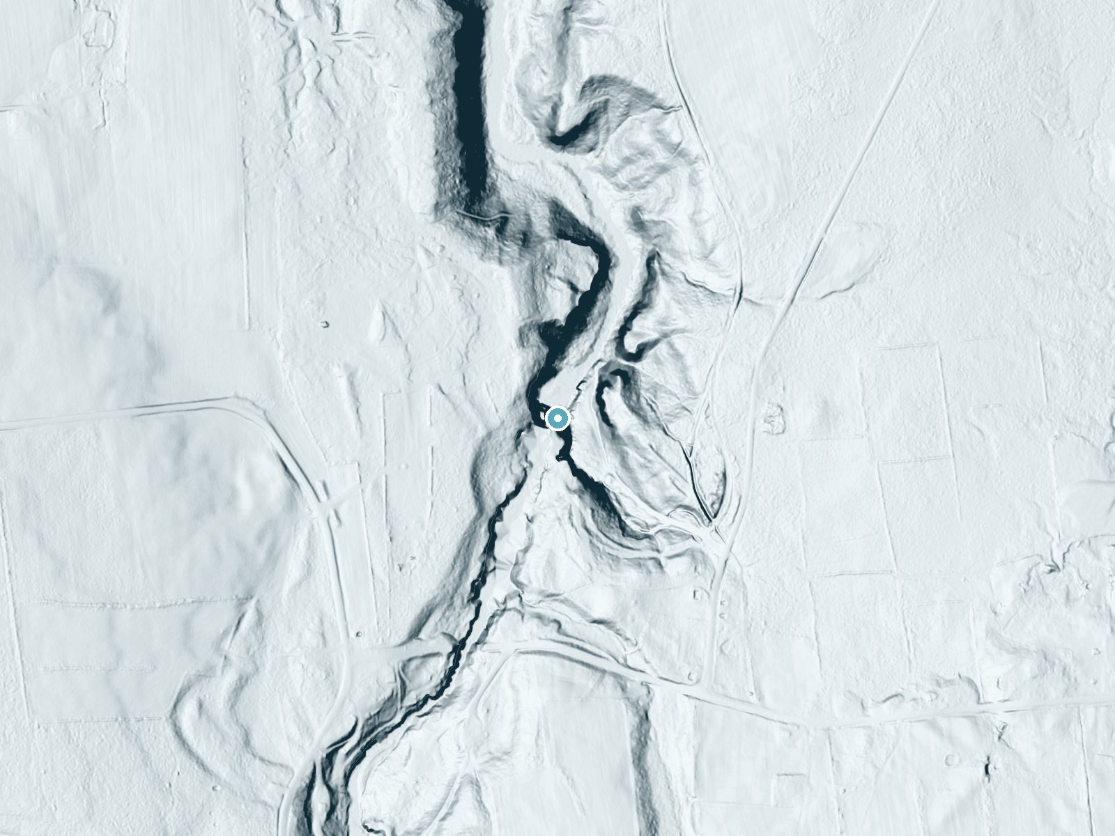 LiDAR bare-earth terrain around High Falls near Lyon Mountain, New York, showing about 159 feet of drop, a steep tiered drop, facing northeast