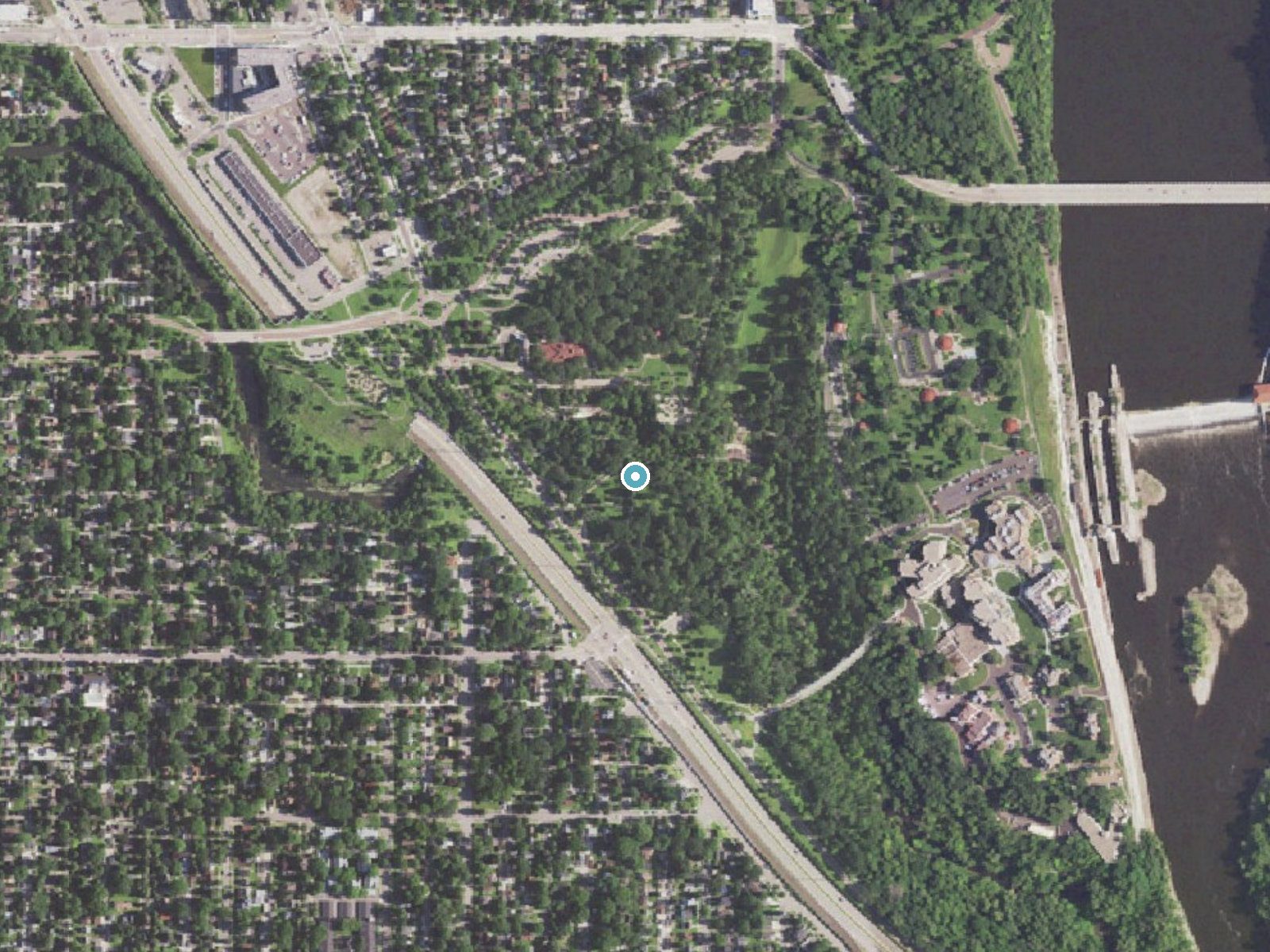 Aerial photo of the same ground around Minnehaha Falls near Mendota, Minnesota, for comparison with the lidar view