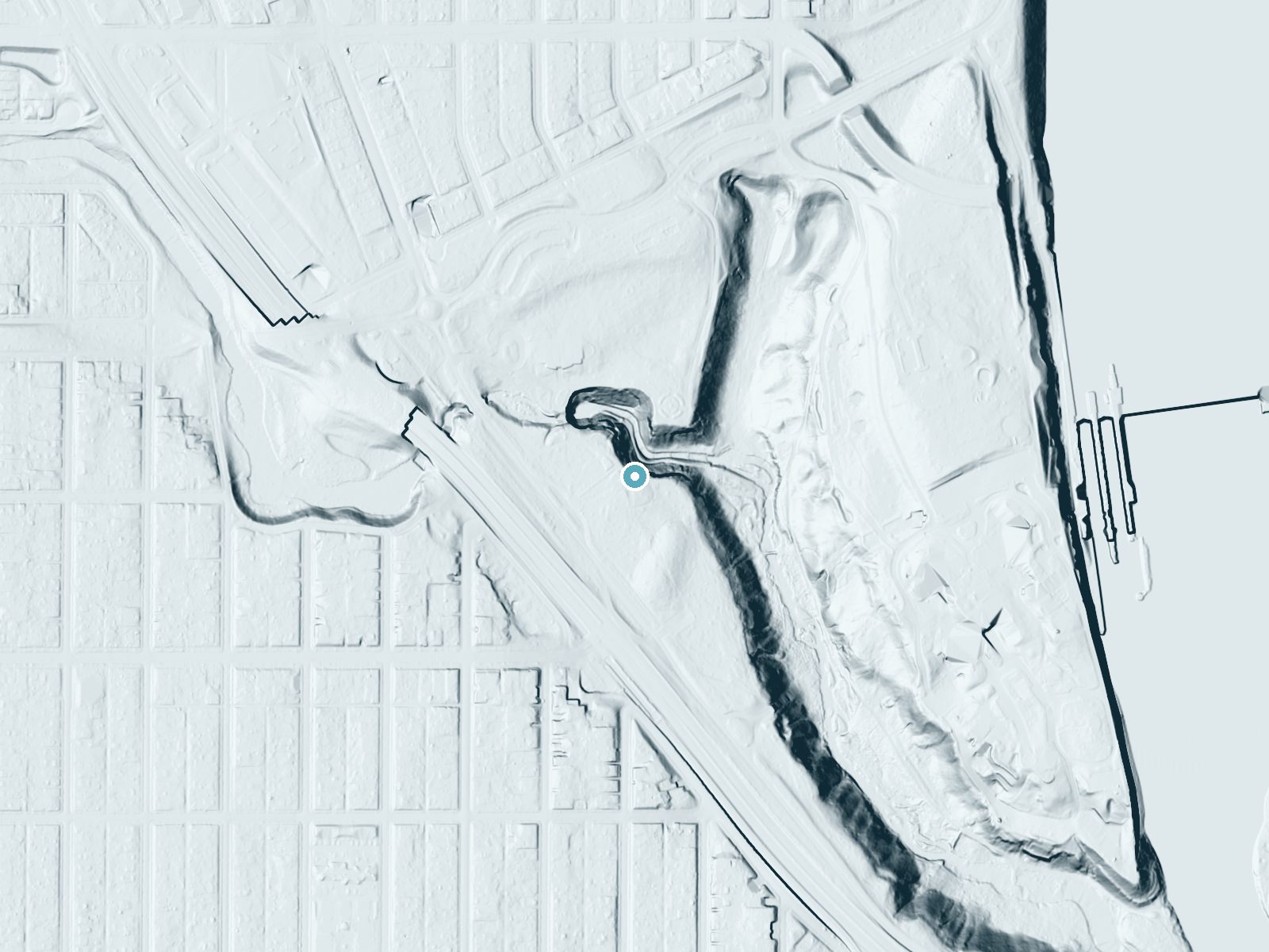 LiDAR bare-earth terrain around Minnehaha Falls near Mendota, Minnesota, showing about 79 feet of drop, a steep tiered drop, facing northeast
