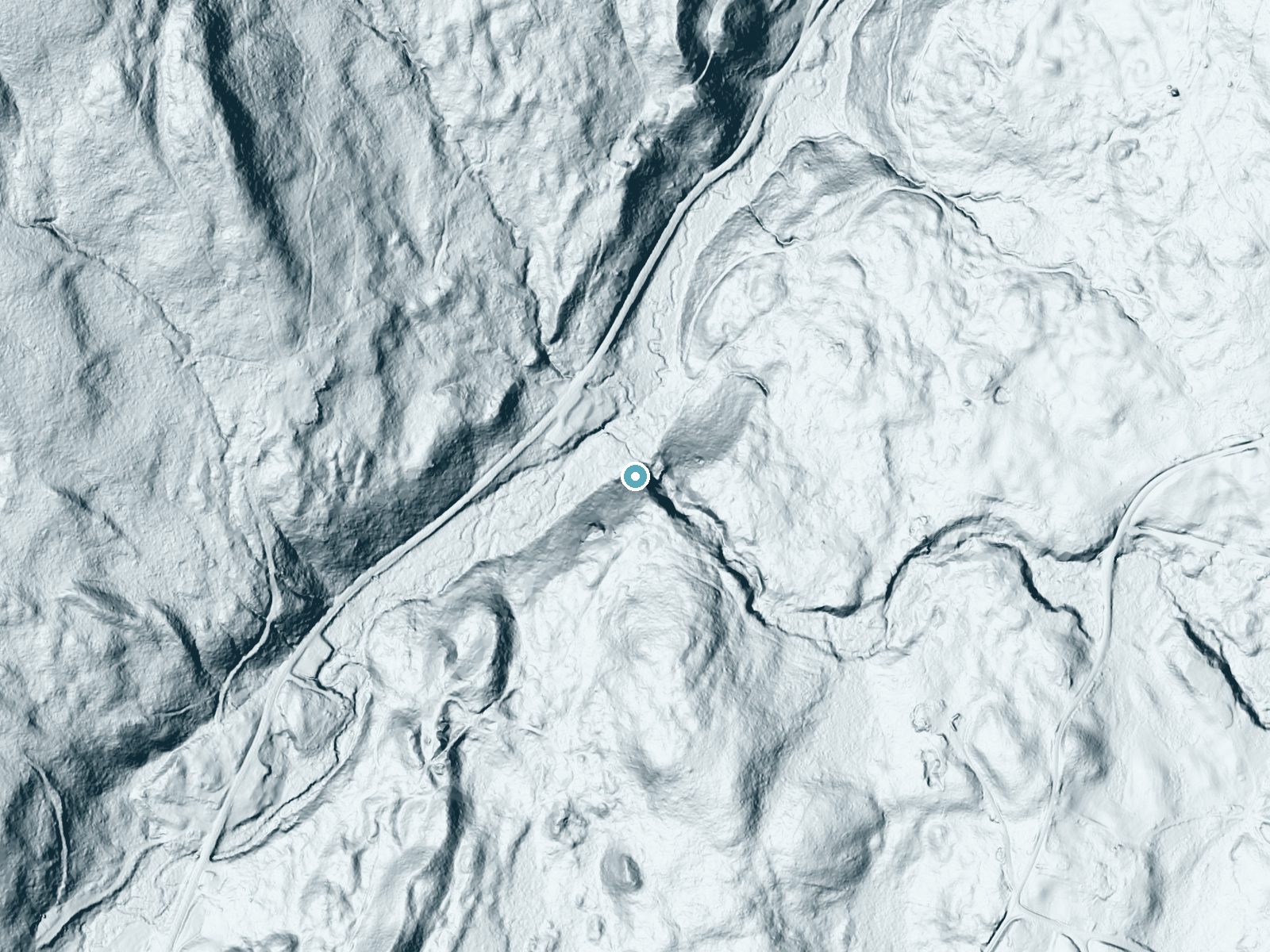 LiDAR bare-earth terrain around Beaver Brook Falls near Beecher Falls, New Hampshire, showing about 162 feet of drop, a steep tiered drop, facing northwest