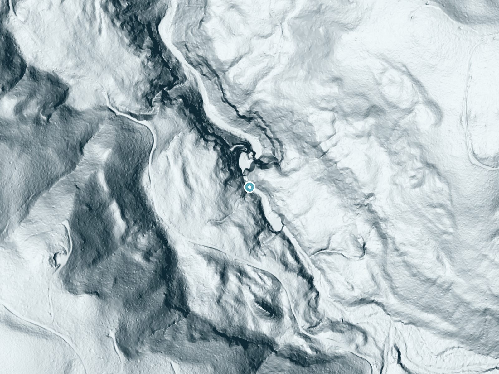 LiDAR bare-earth terrain around Butte Creek Falls near Mill City, Oregon, showing about 196 feet of drop, a steep tiered drop, facing north