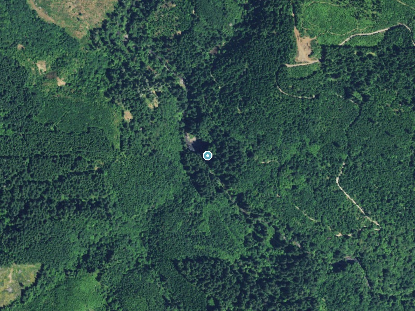 Aerial photo of the same ground around Abiqua Falls near Lyons, Oregon, for comparison with the lidar view