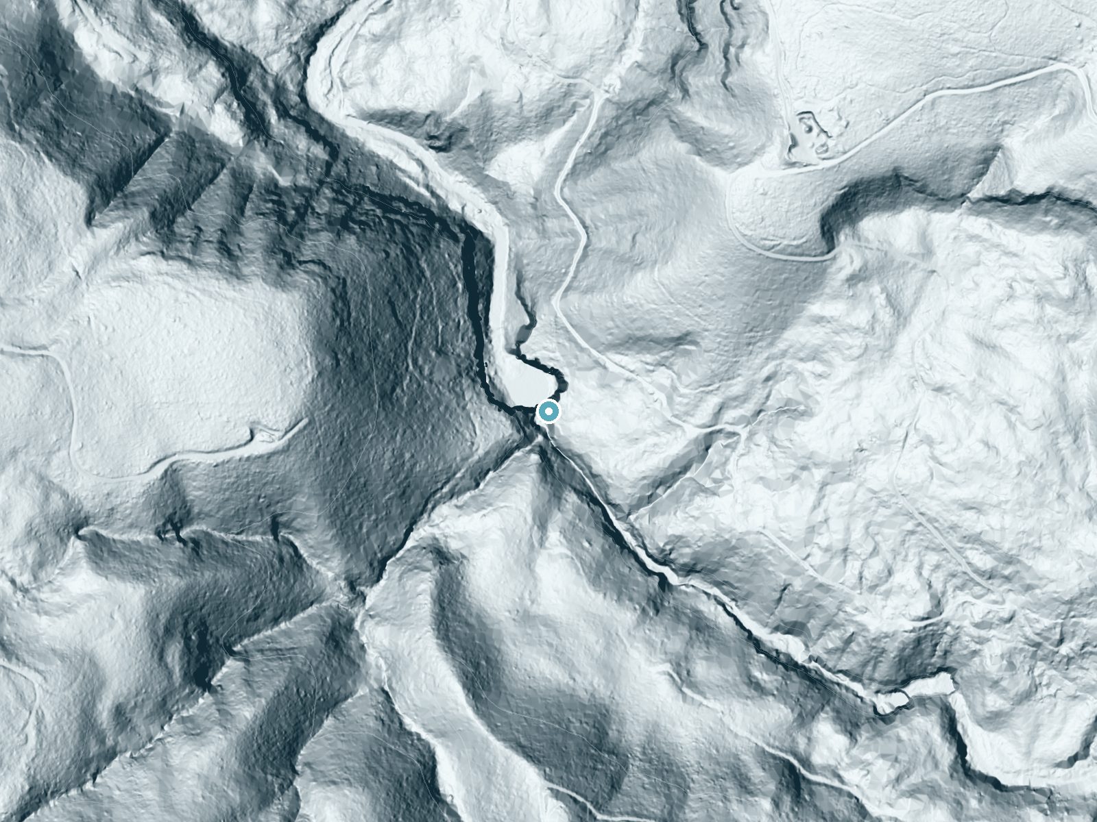 LiDAR bare-earth terrain around Abiqua Falls near Lyons, Oregon, showing about 241 feet of drop, a single sheer drop, facing northwest