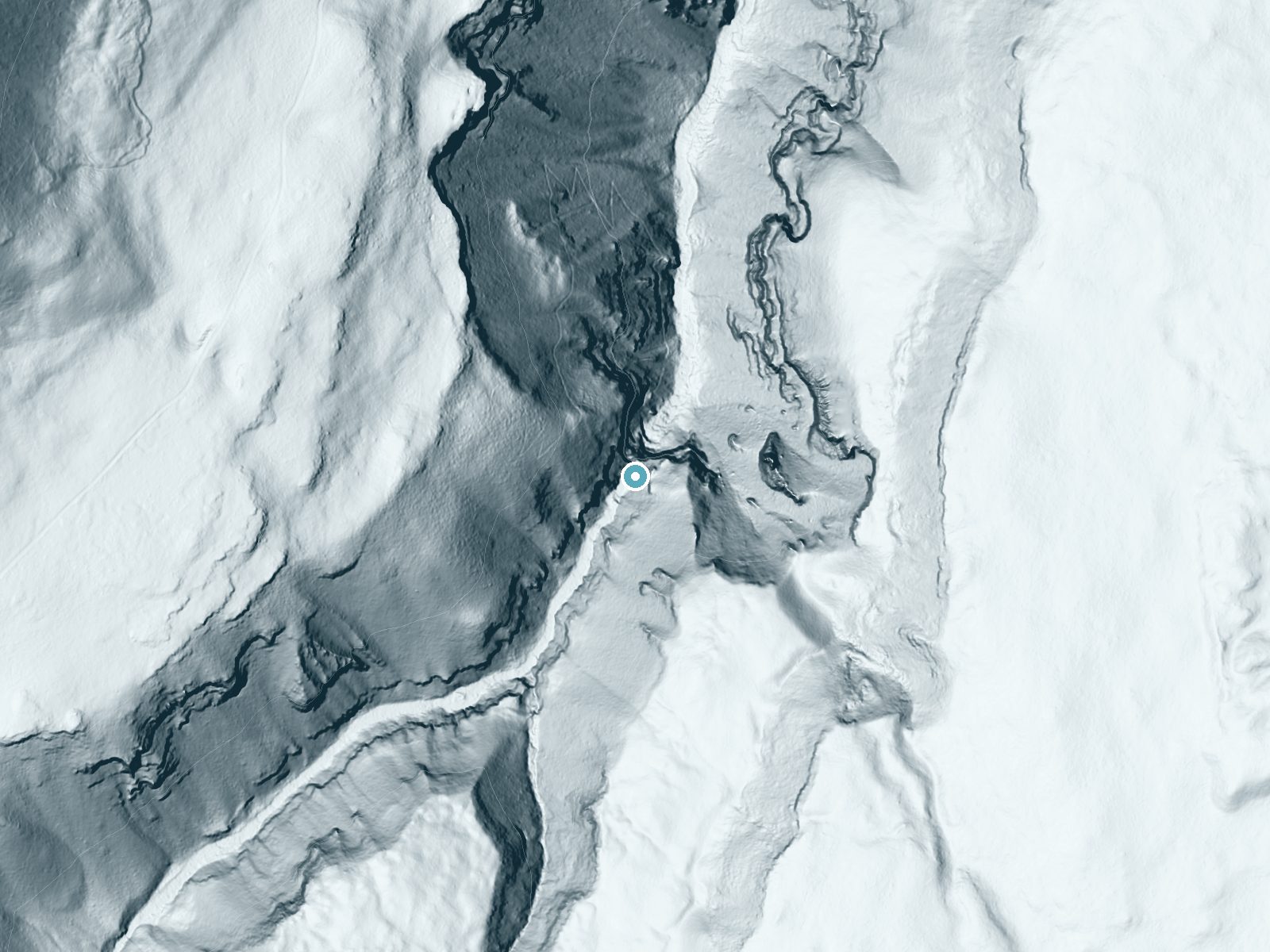 LiDAR bare-earth terrain around Osprey Falls near Mammoth, Wyoming, showing about 415 feet of drop, a single sheer drop, facing northeast