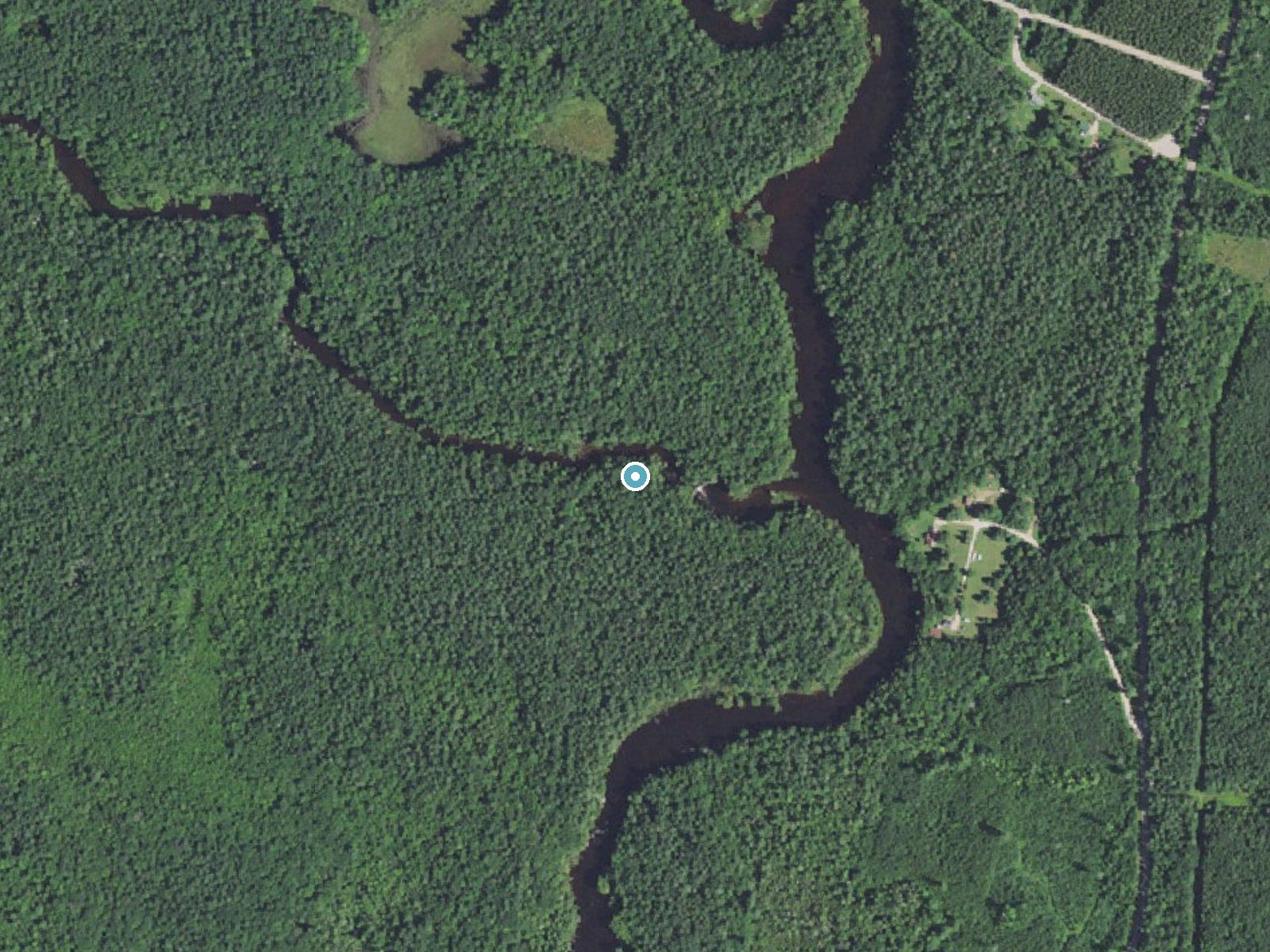 Aerial photo of the same ground around Wayka Falls near Middle Village, Wisconsin, for comparison with the lidar view