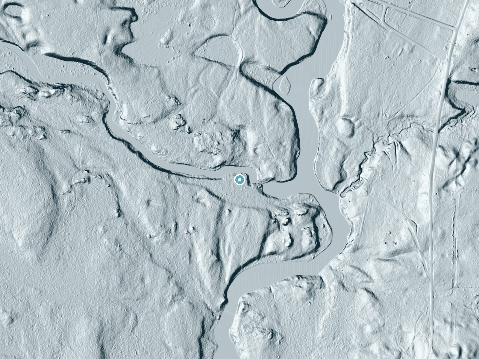 LiDAR bare-earth terrain around Wayka Falls near Middle Village, Wisconsin, showing about 15 feet of drop